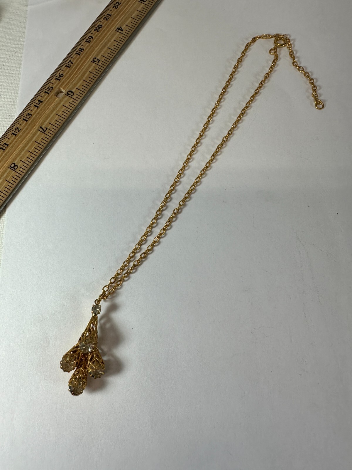 Vintage Necklace Rhinestone Pendant Filigree Cone Cap Goldtone Chain