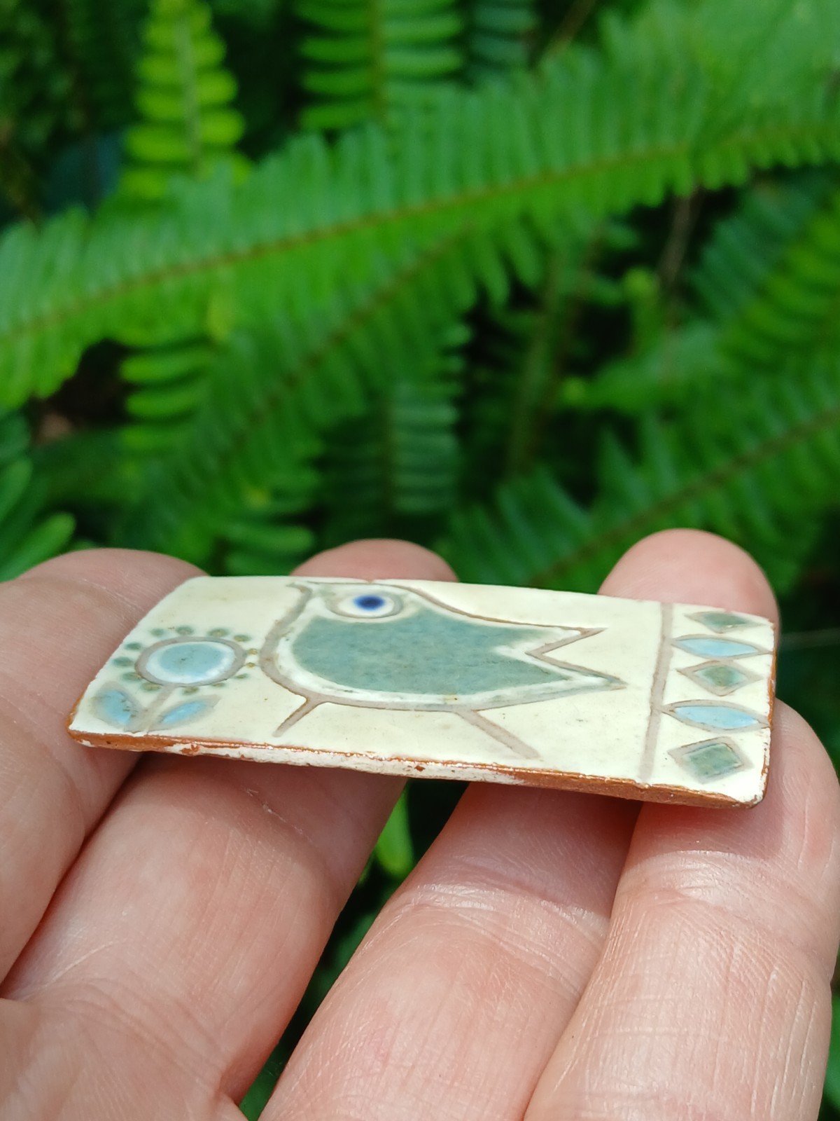 Vintage Studio Ceramic Art Brooch Pin Blue White Bird In Flower Garden Denmark