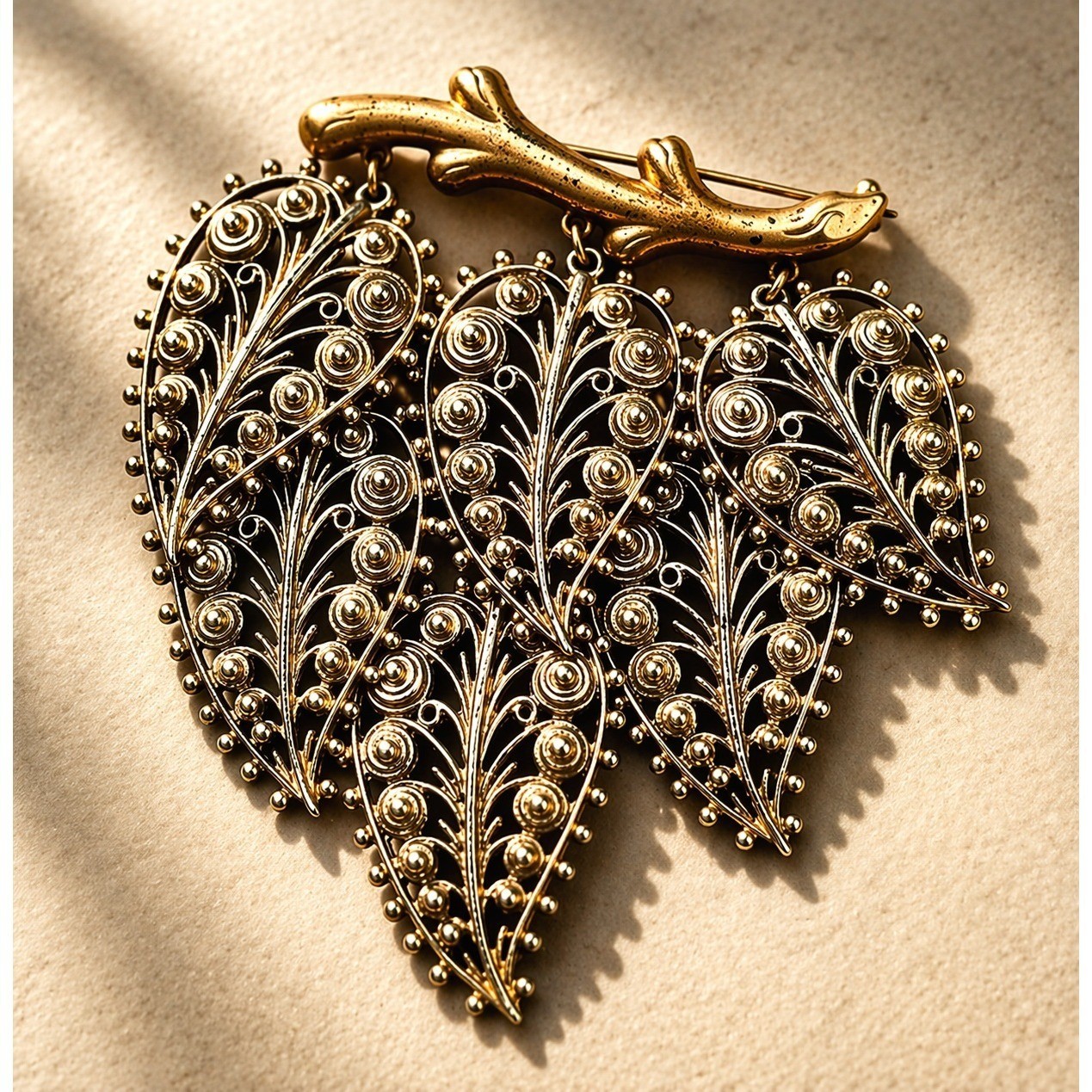 Vintage Filigree Dangle Leaf Brooch Statement Nature Gold & Silver Tone Ornate