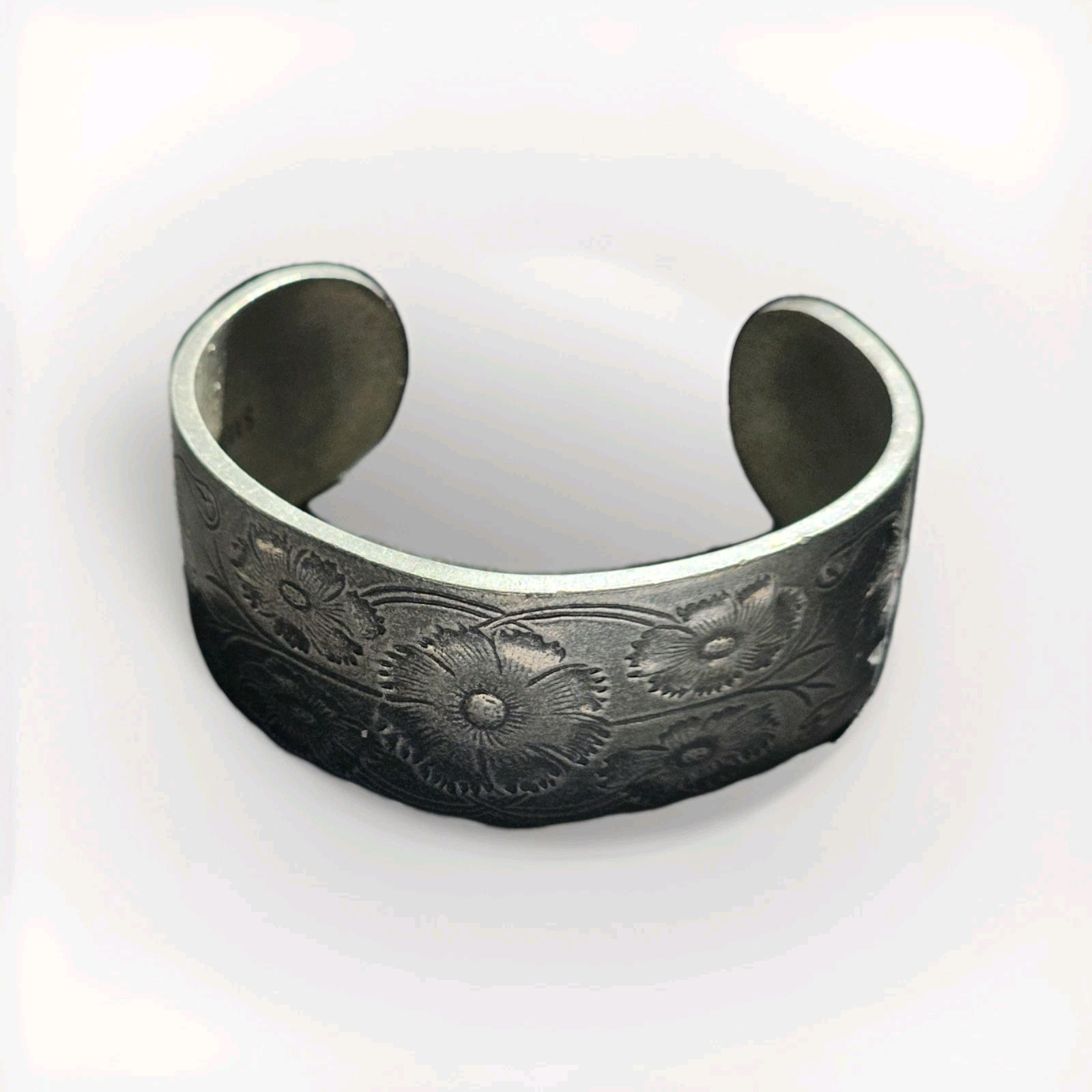 Vtg Salisbury Pewter October Flower of the Month Wide Cuff Bracelet Adjustable