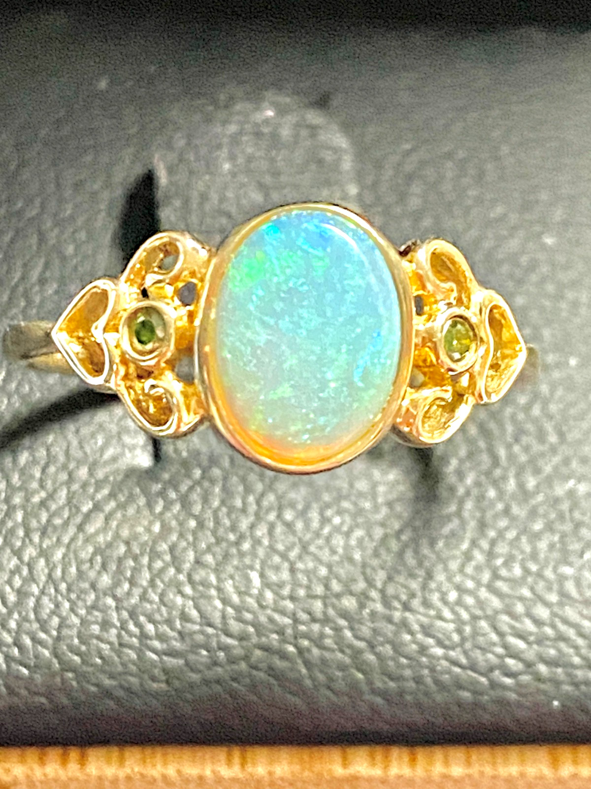 Vintage 14k Yellow Gold Heart Design Opal and Green Diamond Ring Size 7 to 7.25