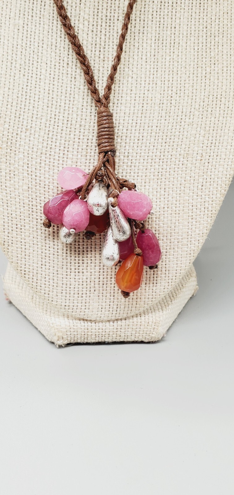 Purple & orange glass and silvertone bead Braided Leather cord 26″ necklace te03