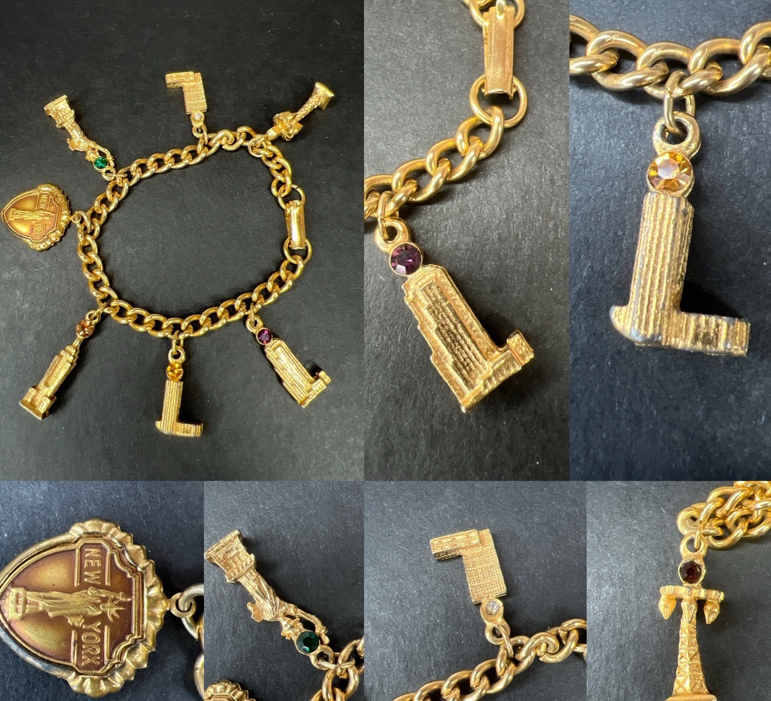 Vintage 70s gold tone New York City buildings landmarks charm bracelet 6.5” READ
