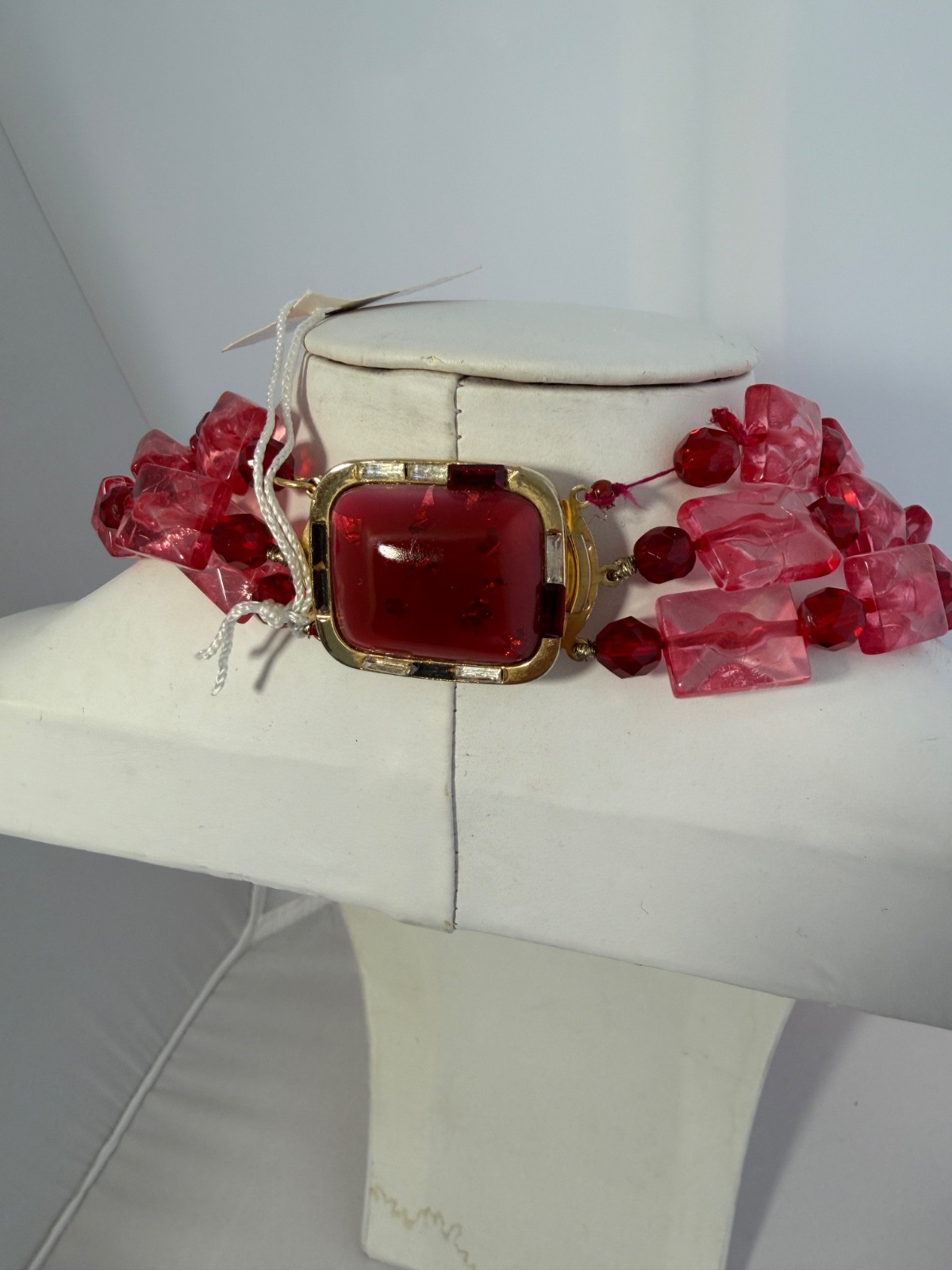 Vintage Pink & Ruby Red Lucite Acrylic Necklace 16” triple Strand statement