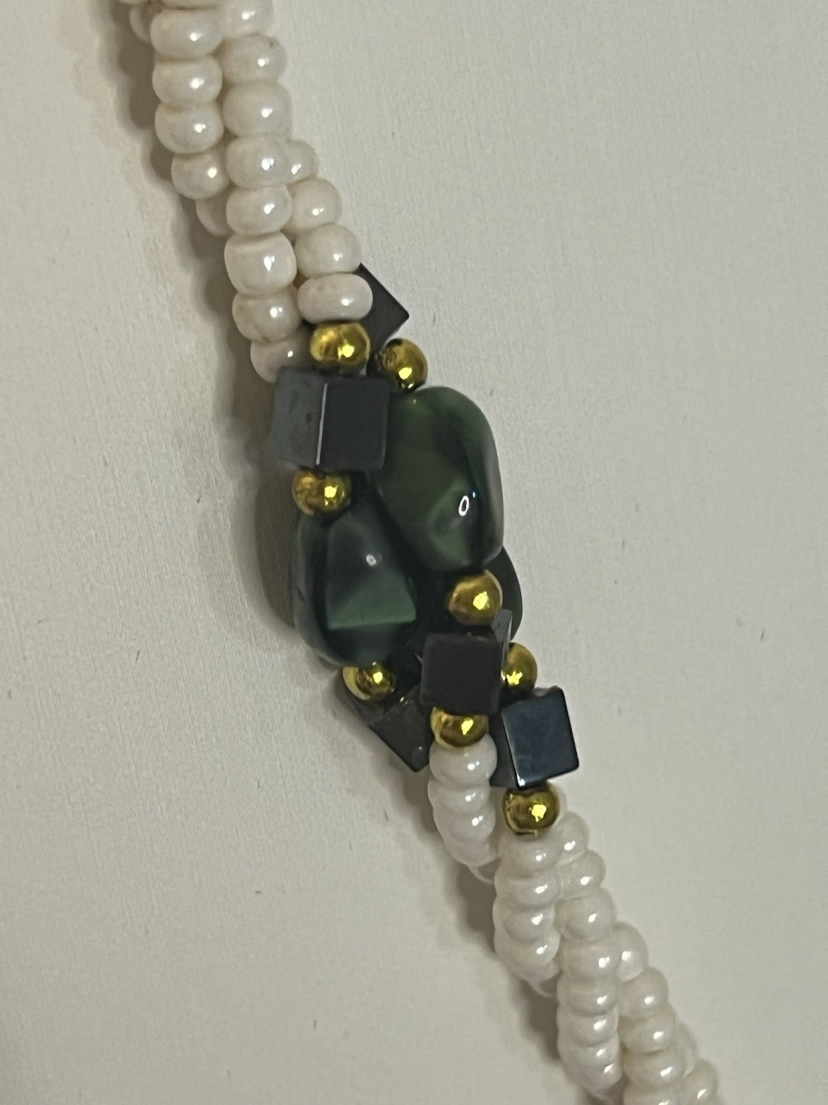 Torsade Necklace-3 Twisted Strands -White Seed Beads w/Green and Black Beads VTG