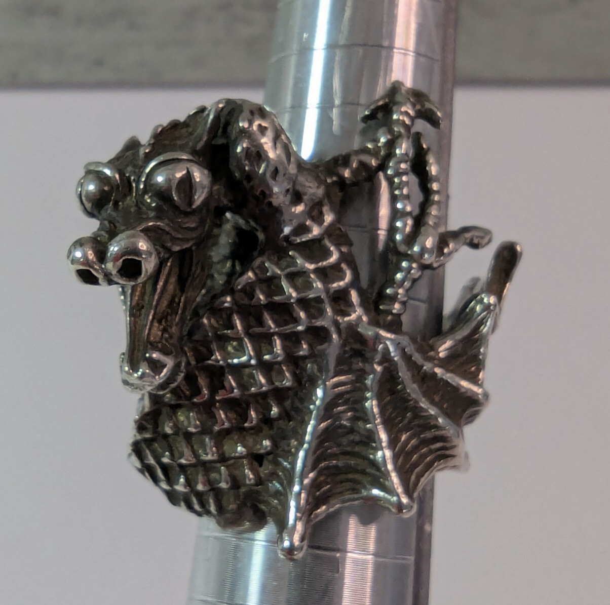 Vintage Pewter or Silver Flying Dragon Biker Ring Size 7