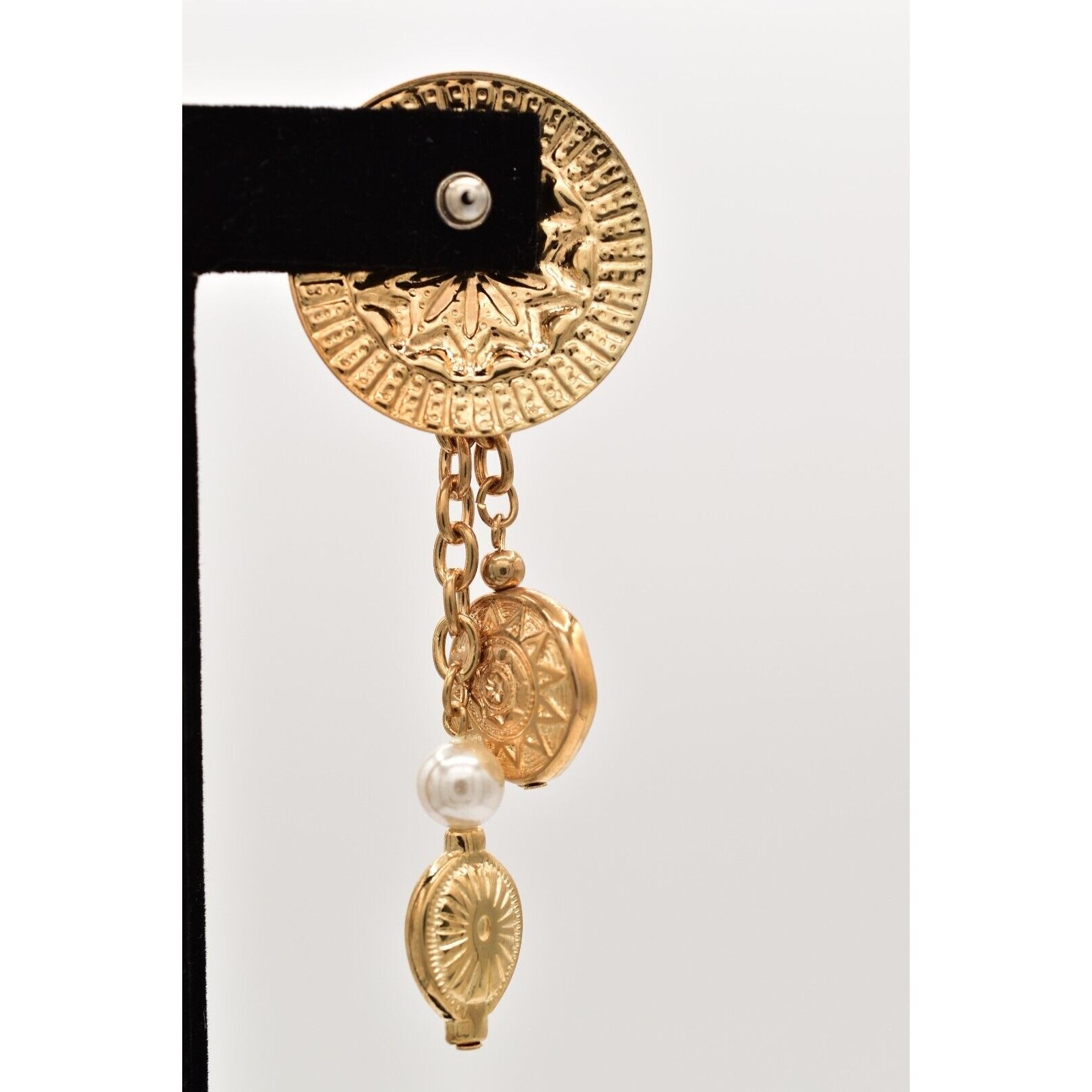 Vintage Coin Dangle Chain Earrings 3″ Pearl Etruscan Gold Chunky NOS 80s BinA18
