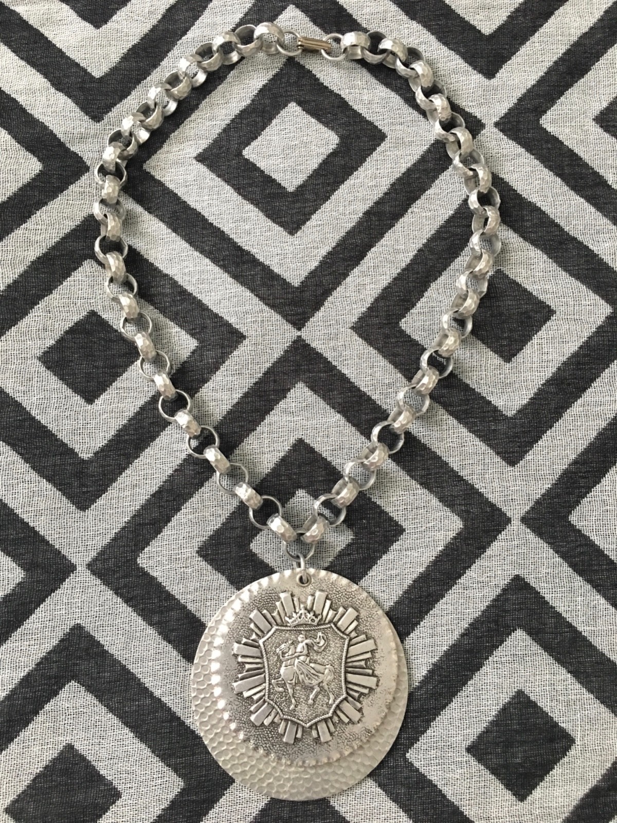 Vintage Aluminum Crest Pendant Necklace