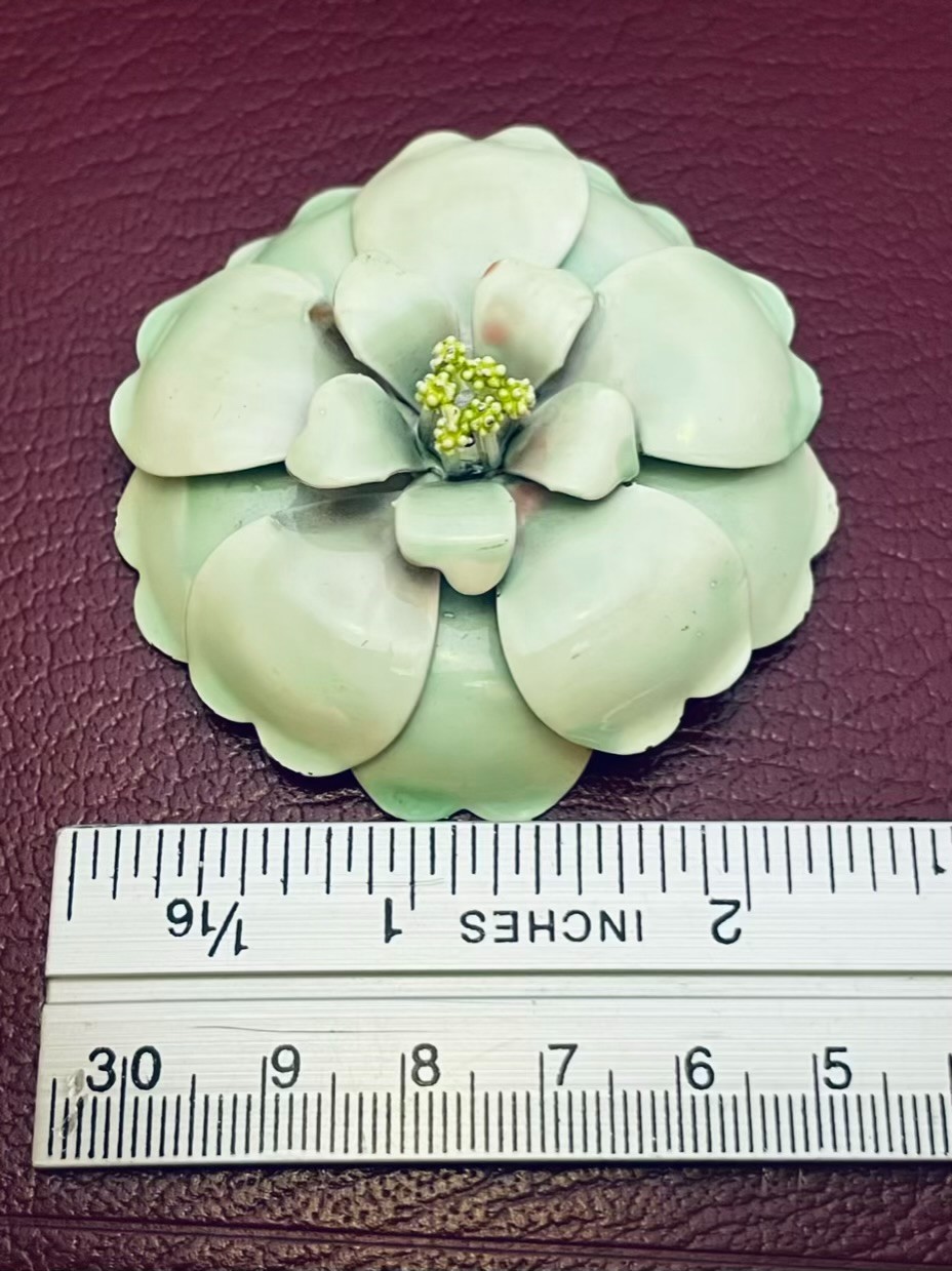 Vintage Enamel on Copper Floral Brooch Light Green 3D Poppy Flower Power 2.25″