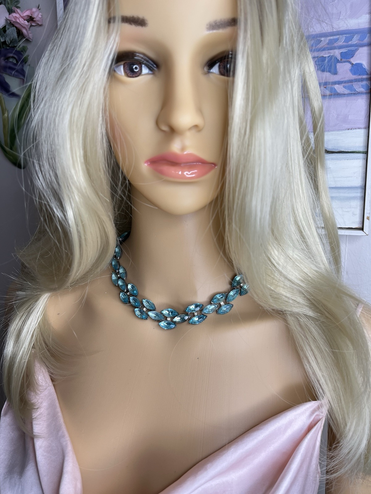 Vintage Aqua Rhinestone Pot Metal Rivière Necklace Not Signed