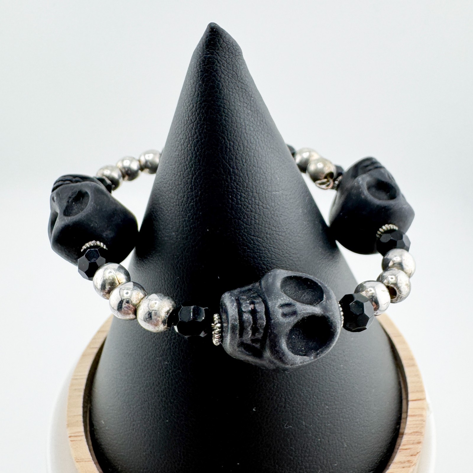 Black Skull & Silver Tone Beaded Stretchy Bracelet Gothic Edgy Rocker Punk Retro