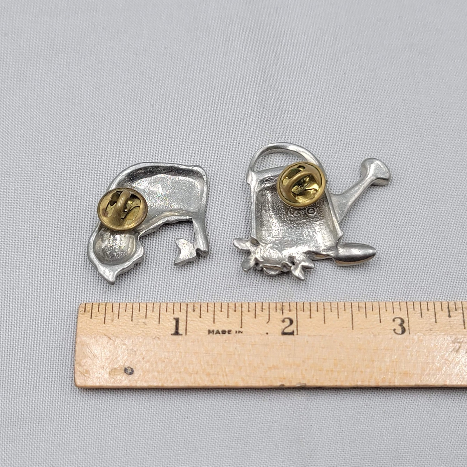 Vintage Pewter Brooch Kitty Cat Butterfly Gardening Silver tone Lot of 2 1.25″