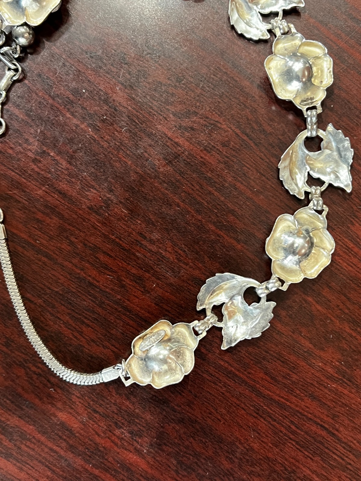 Vtg. Danecraft Sterling Silver Rose & Leaves Necklace 15″-17″ 35.2 Grams