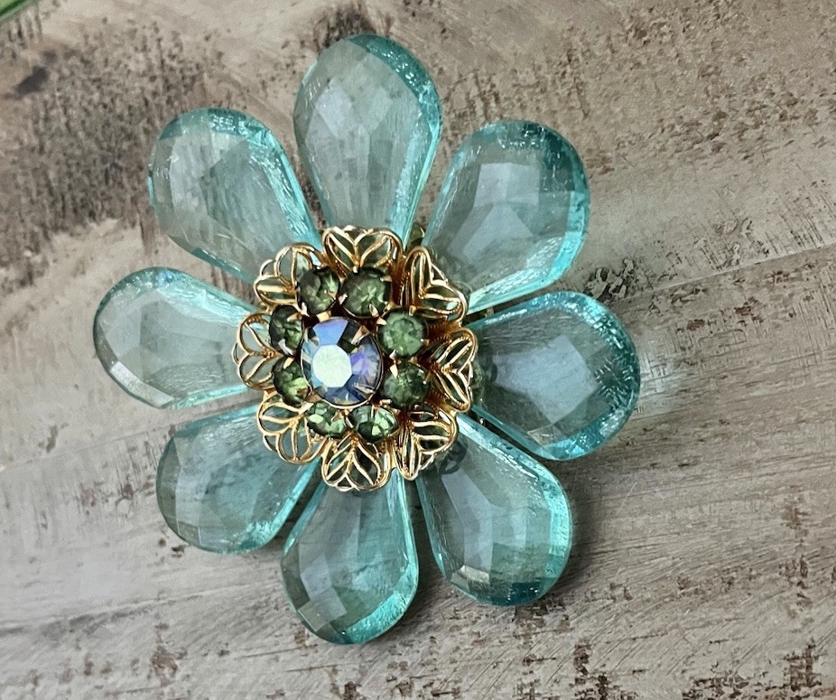 Vintage Mid Century Jumbo Lucite AB Blue Green Aqua Crystal Flower 3” Brooch