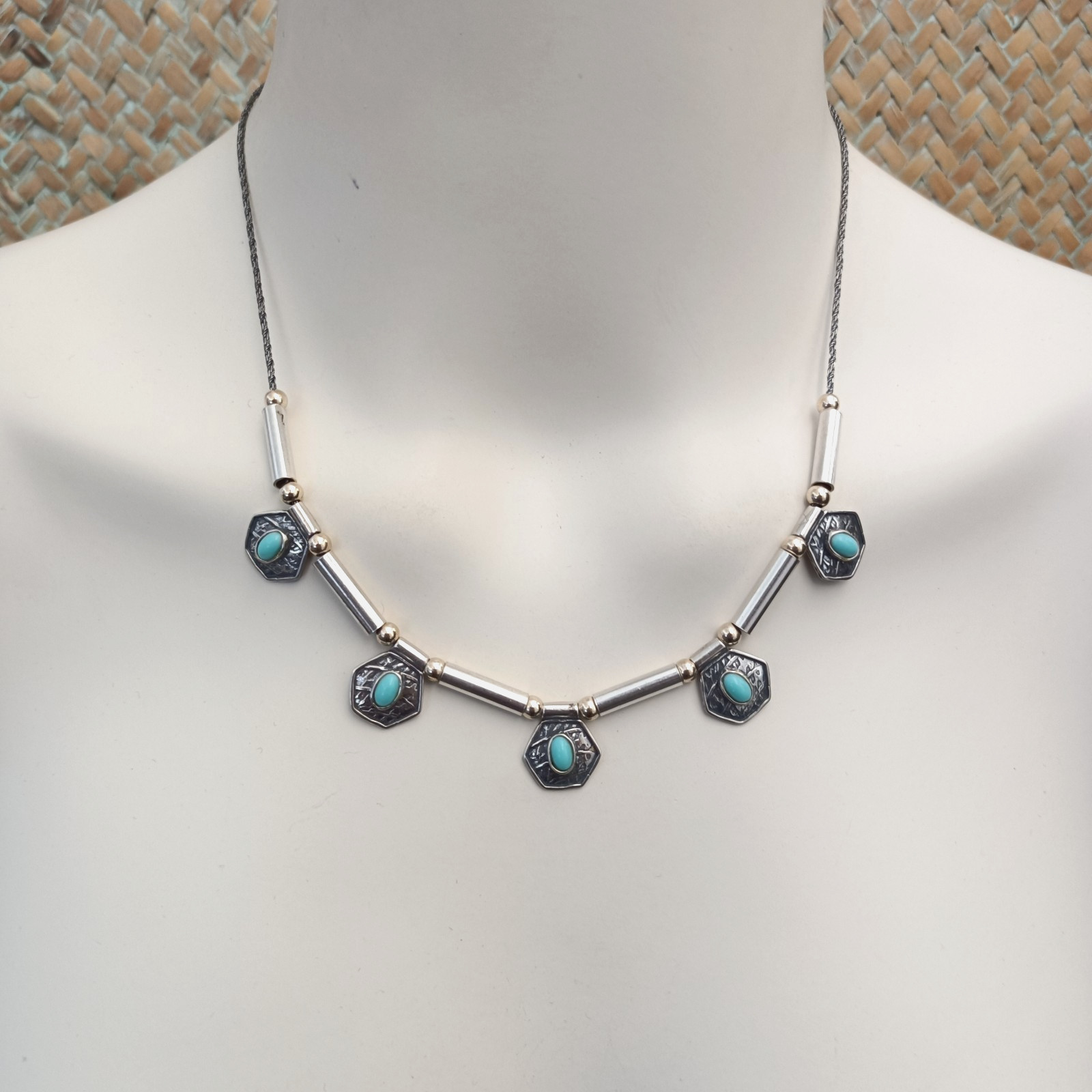 Vintage Artisan Necklace Sterling Silver 10k Gold Bead Geometric Drops Turquoise