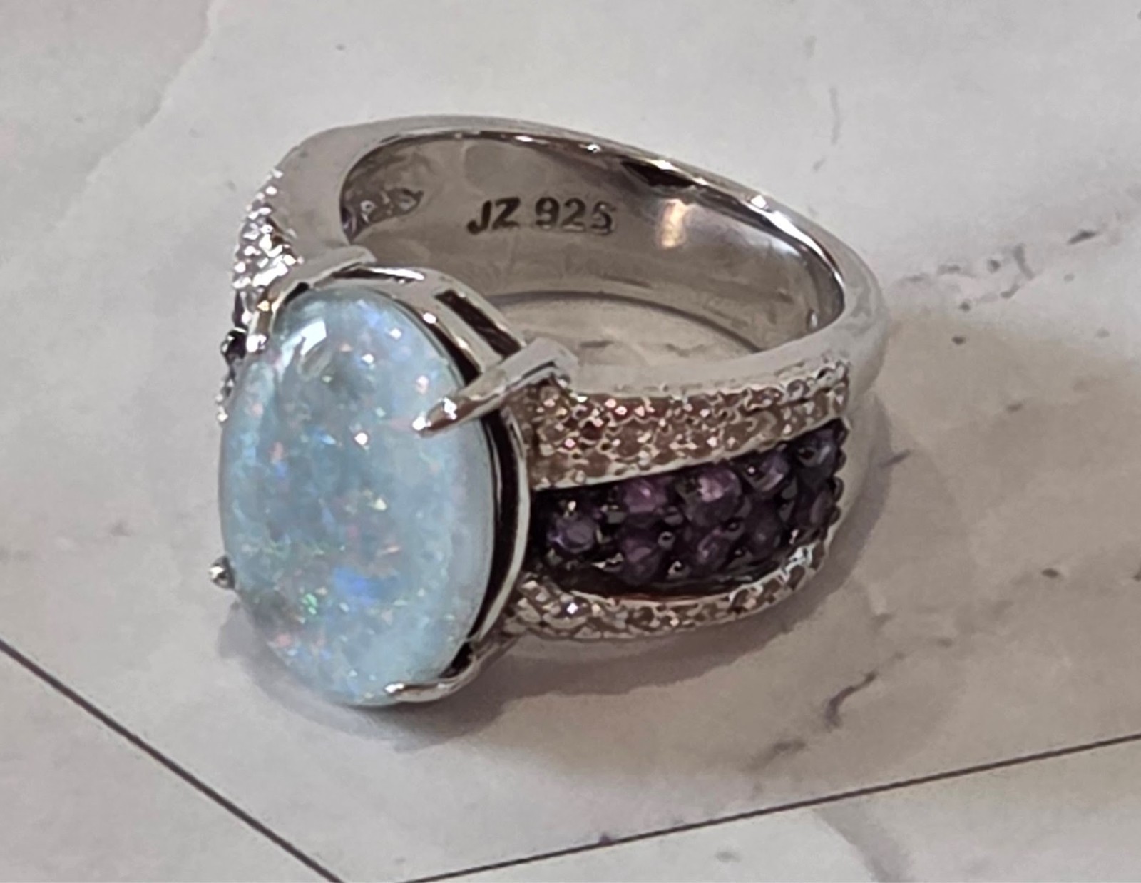 VINTAGE 925 Silver signed JZ Oval Aquamarine & Amethyst Accent Ring sz 5