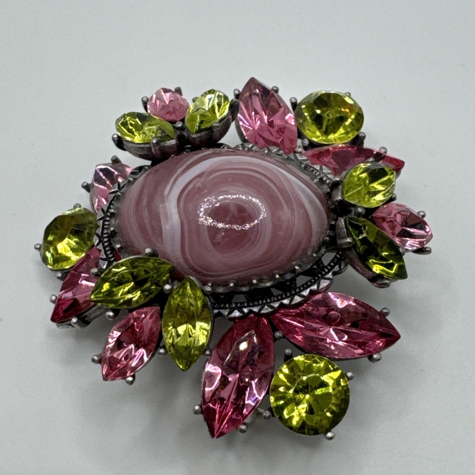 Vintage Flower Large Pink Center Stone with Pink and Green Crystals Brooch Pin
