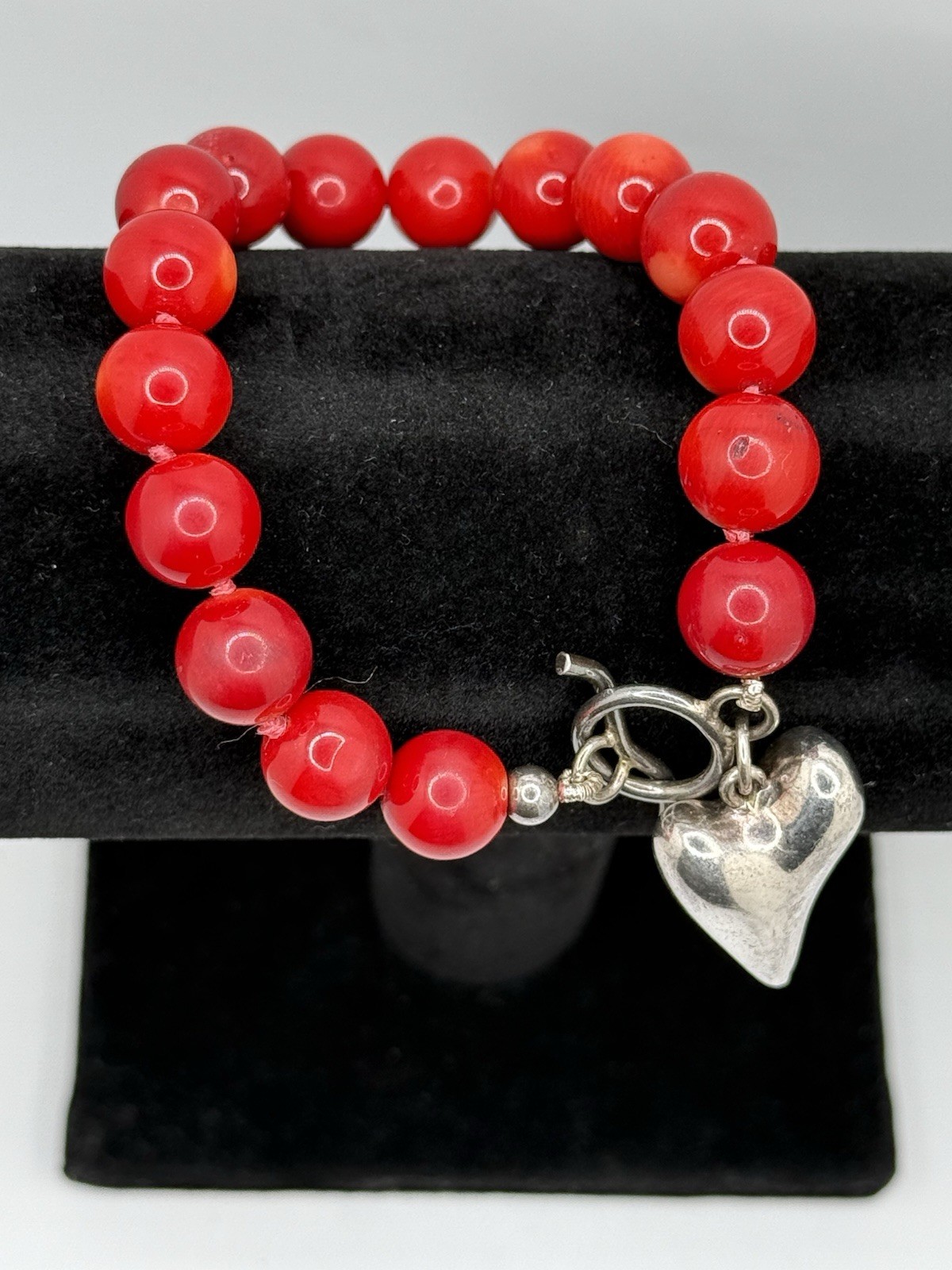 Vintage Sterling Silver Heart Bracelet Red Onyx Stones Toggle Closure 8”