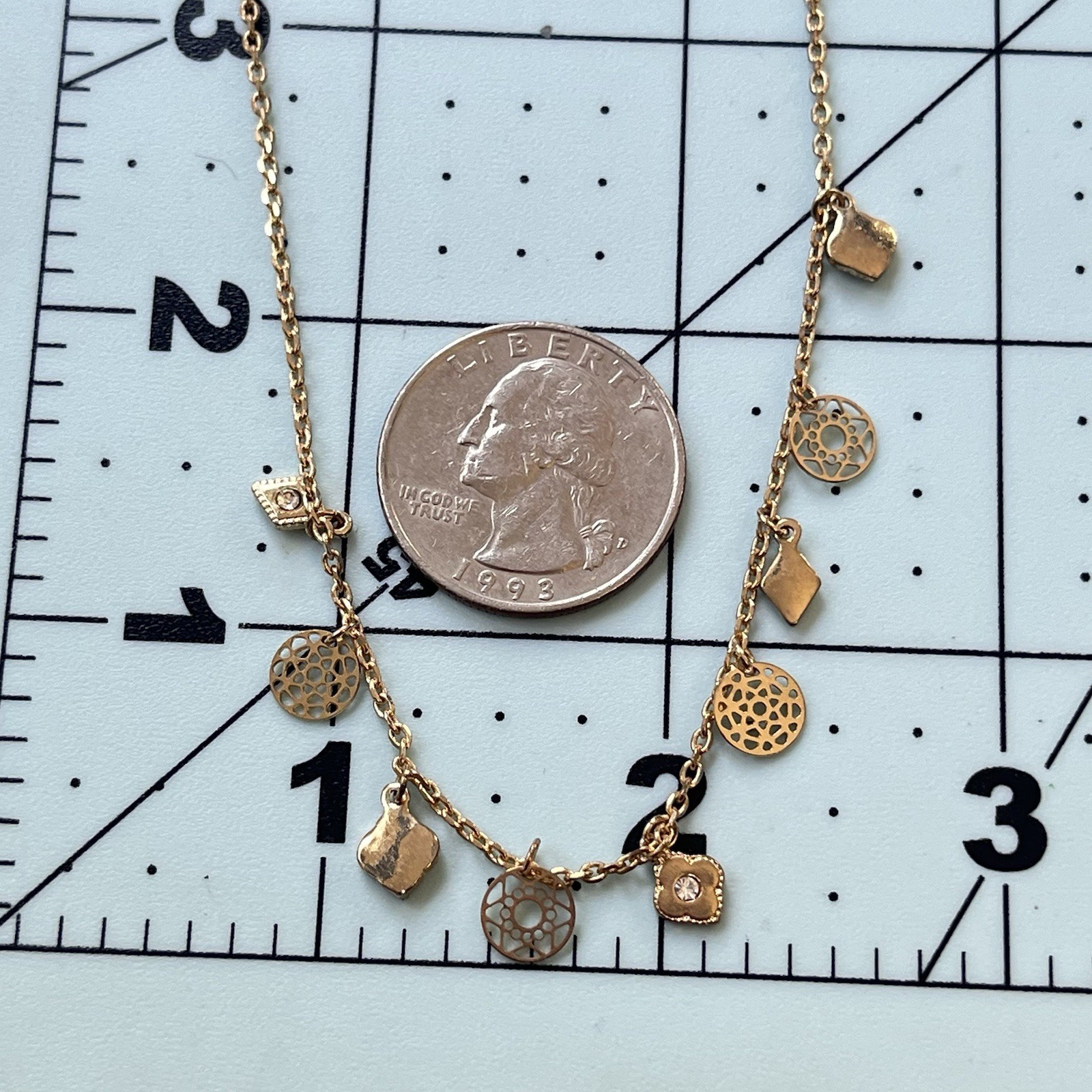 Dainty Gold Tone Rhinestone Charm Station Necklace PLUNDER DESIGNS 18″