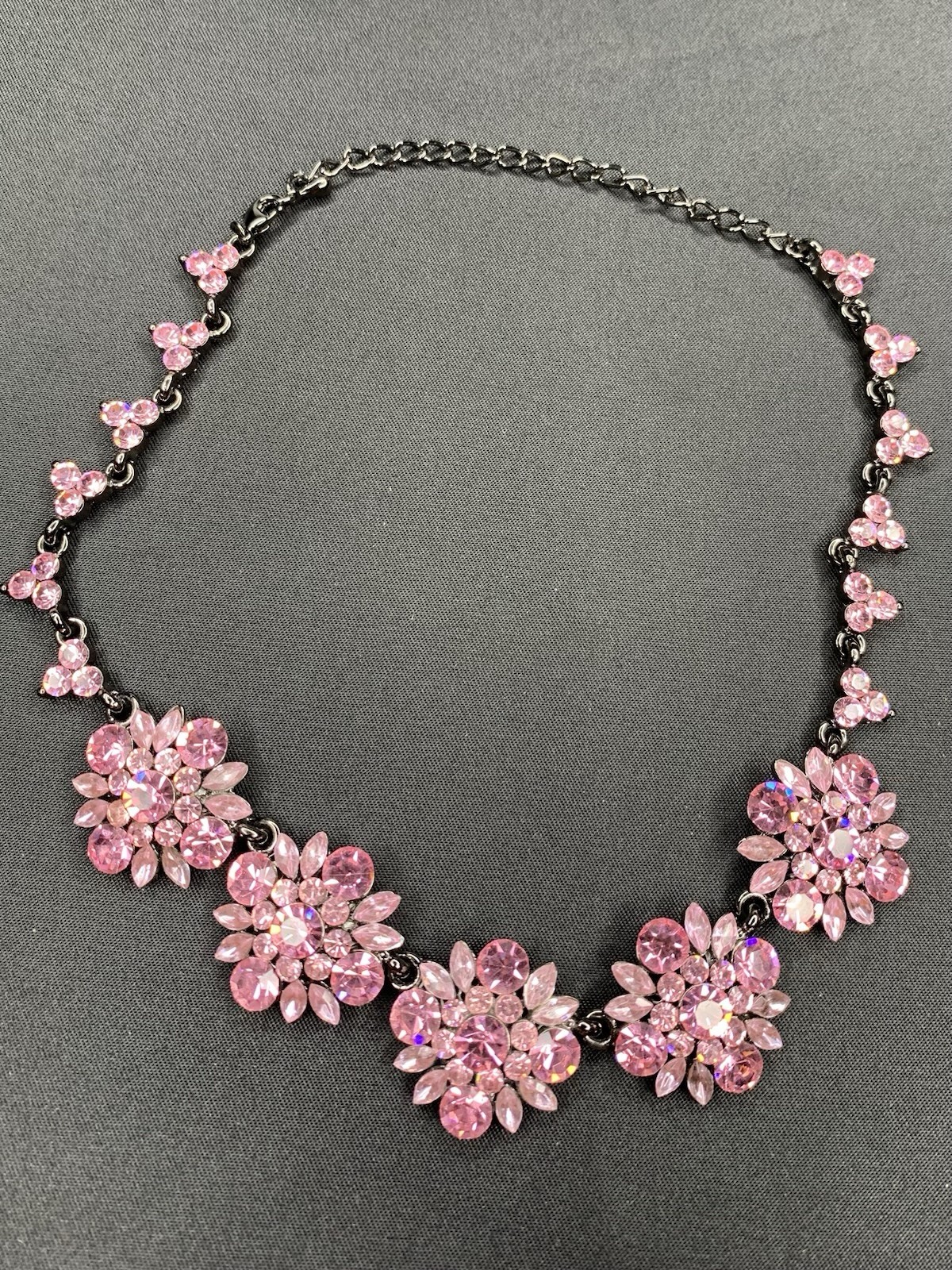 Pink Flower Shape Rhinestone Black Gun Metal Necklace 14” Choker