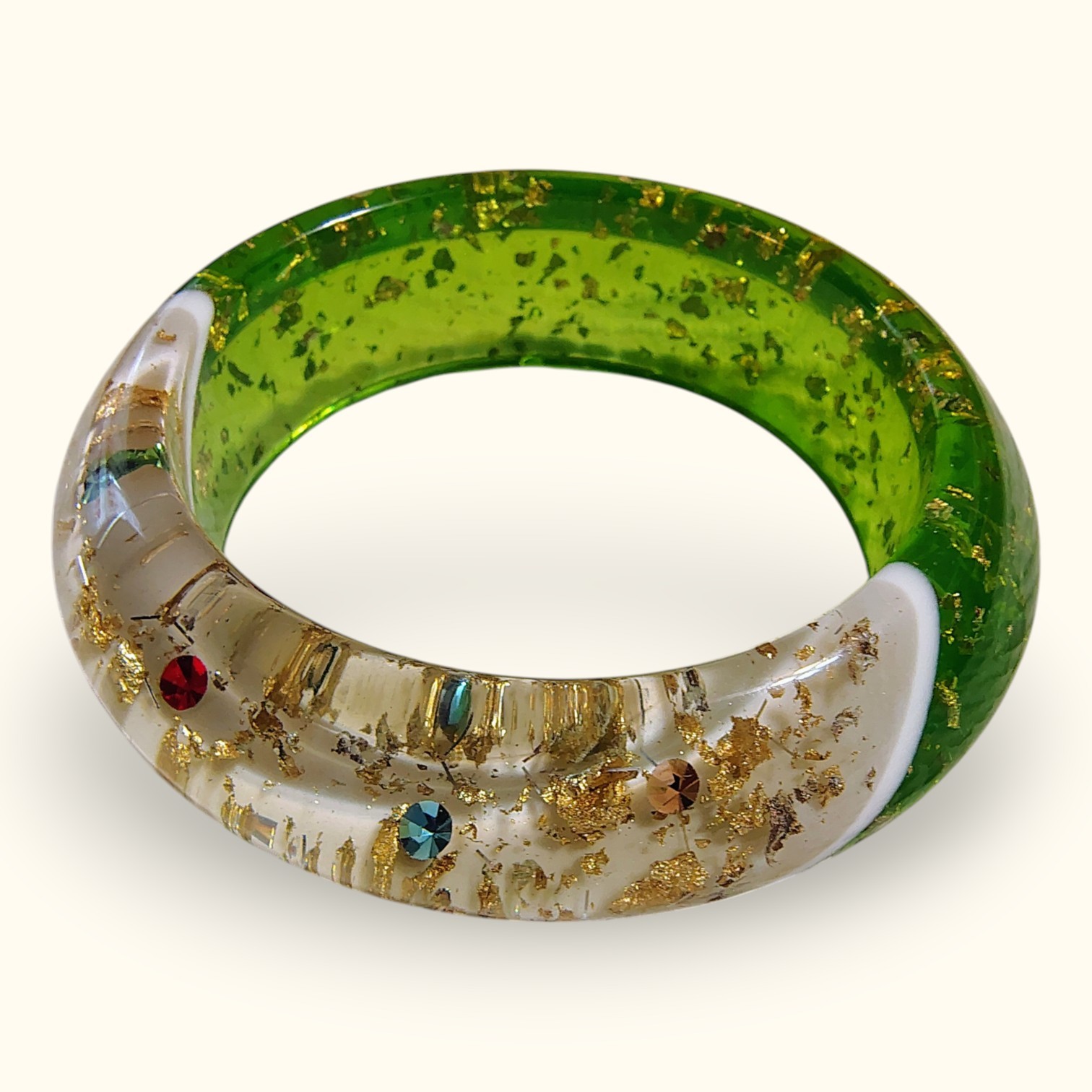 1950s Confetti Lucite Bangle Chunky Atomic Apple Green w/ Gold Foil Bracelet…