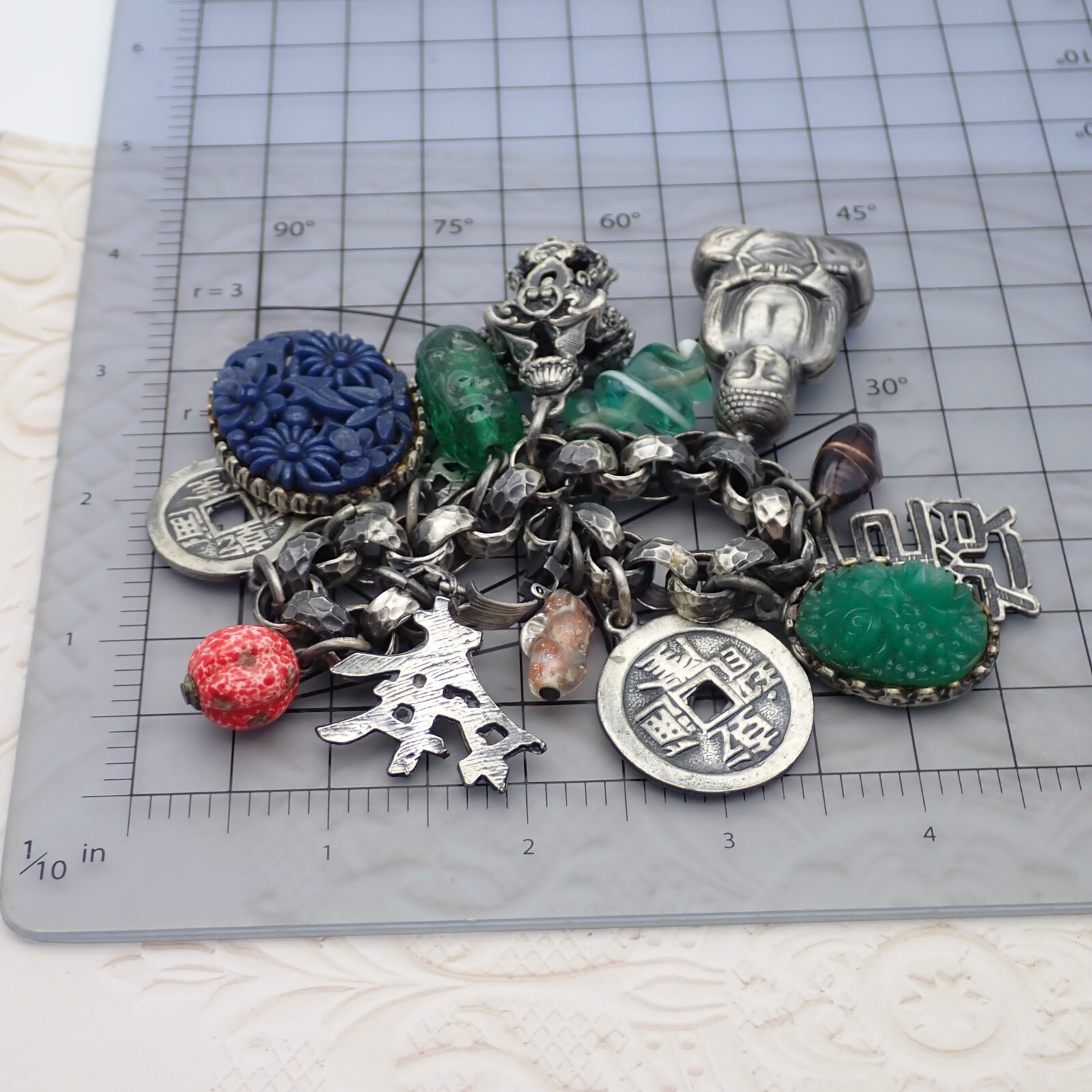 VTG Germany Unsigned Napier Buddha Shangri-La 7″ 14 Charm Chunky Bracelet