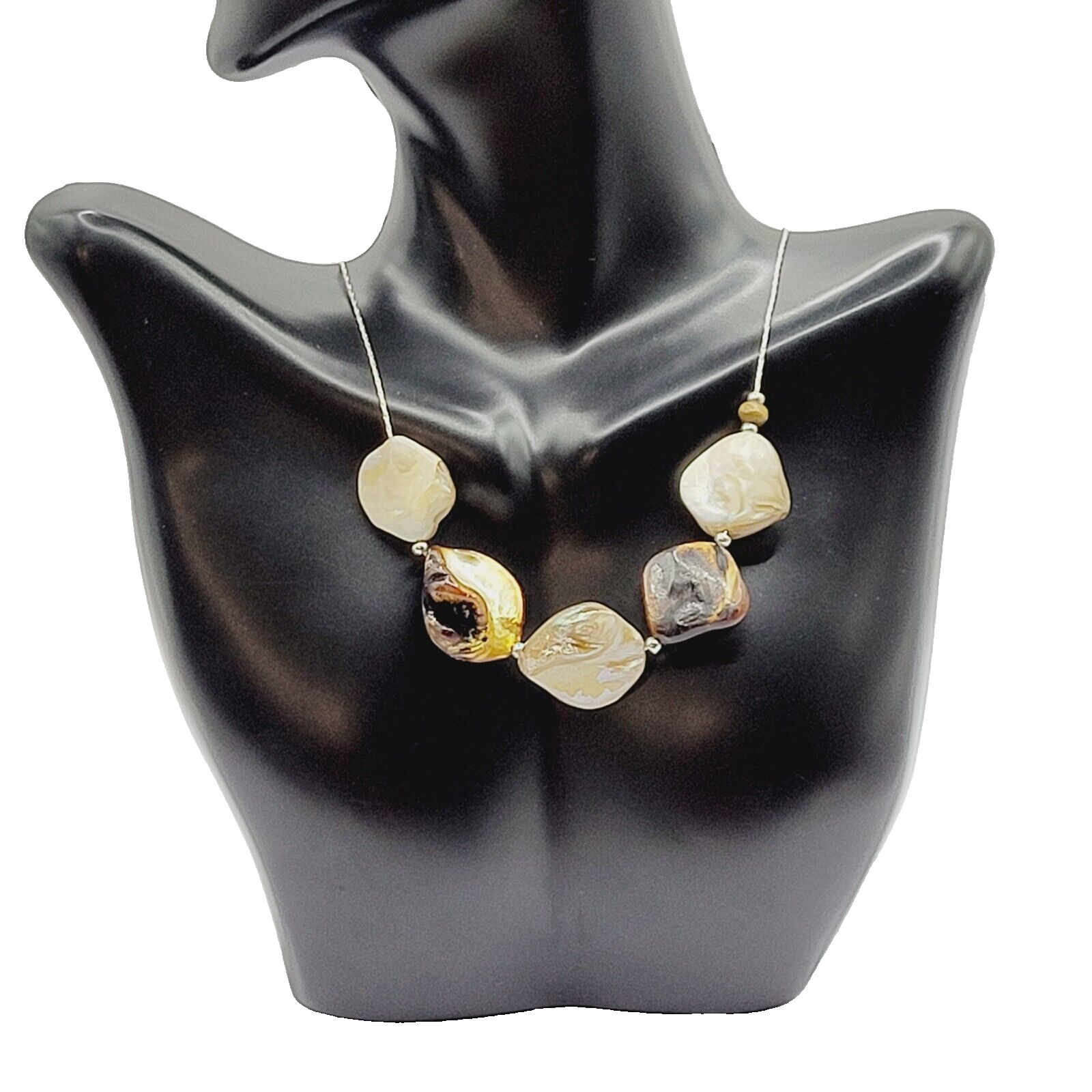 Chunky Mother of Pearl Shell Bead Neutral Color Silver Tone Chain Vtg Necklace