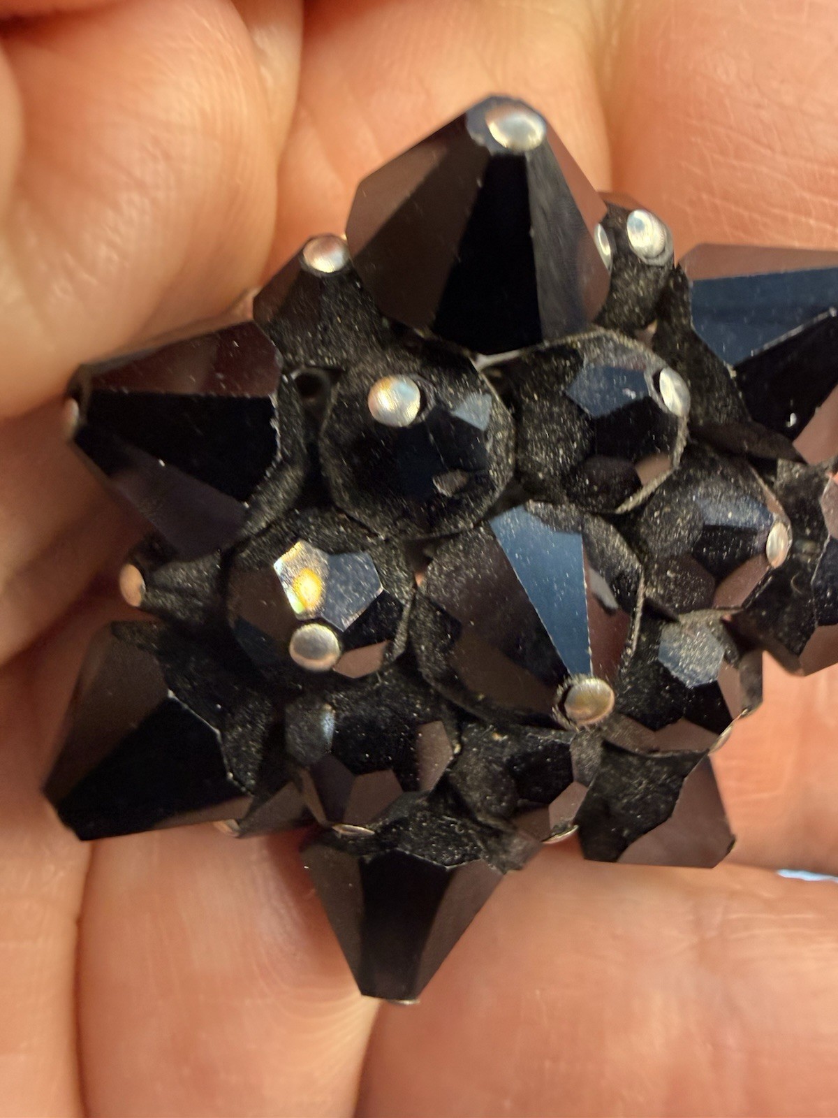 Vintage Black Faceted Glass Flower Star Pin Brooch 1 1/2 inches Across
