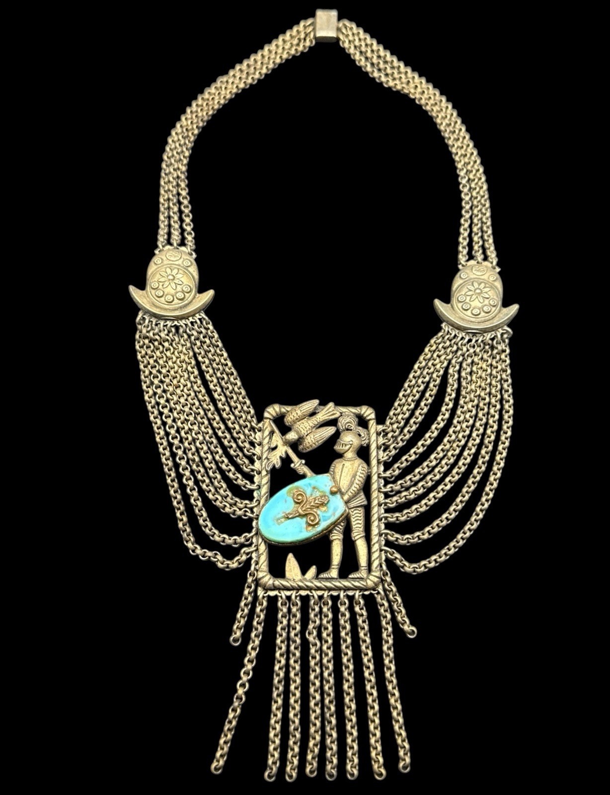 Vintage Knight Sword Shield Festoon Chain Gold Tone Necklace Triangle 15.5” J46