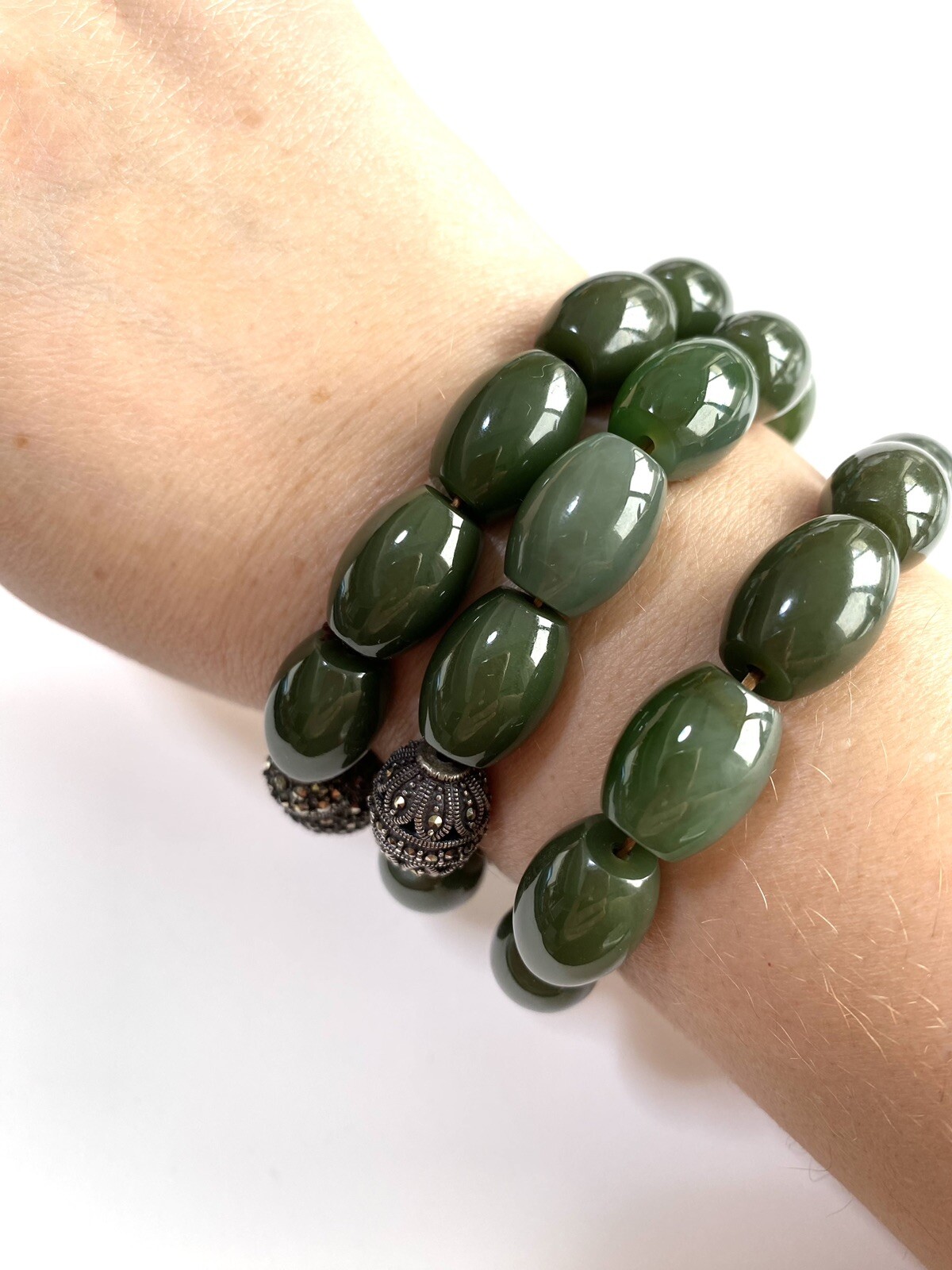 VTG Artisan Handmade Stretch Set Of 3 Natural Green Stone Silver Bracelet Sz S
