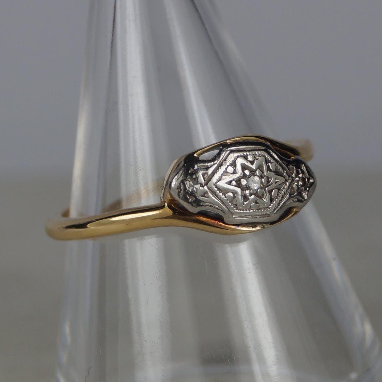 14Kt Gold Two Tone Finish Lab Created Diamond Art Deco 925 Sterling Silver Ring