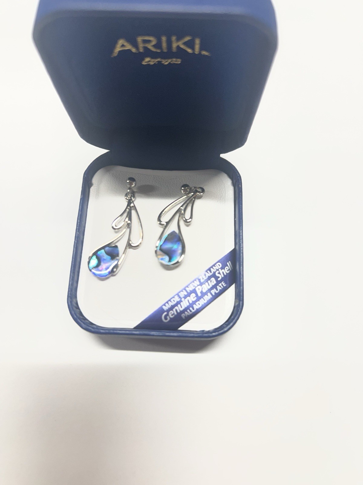 ARIKI New Zealand Paua Shell Drop Earrings Palladium Plate Blue Abalone w/ Box