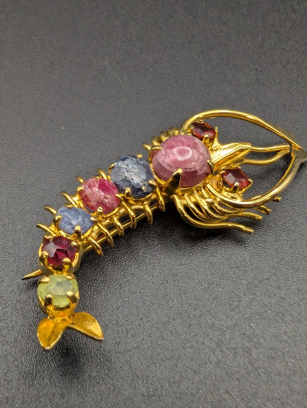 10K Gold & Gemstone Shrimp Brooch. Garnet, Ruby, Sapphire, Peridot(raw&Polished)