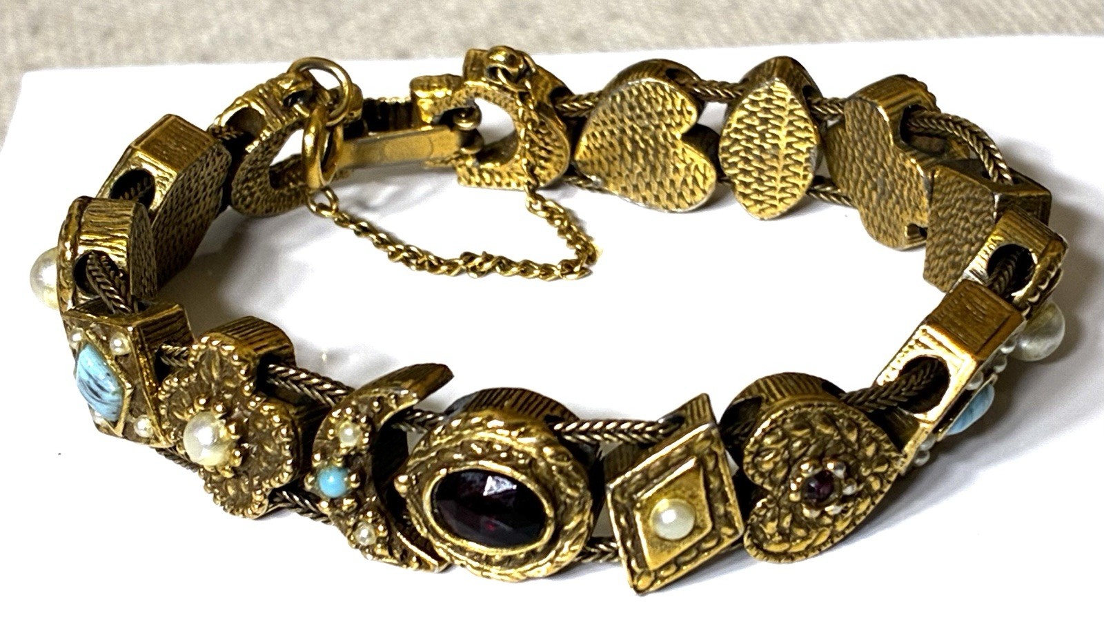 Vintage Victorian Revival Gold Tone Slide/Charm Bracelet, Attributed To Goldette