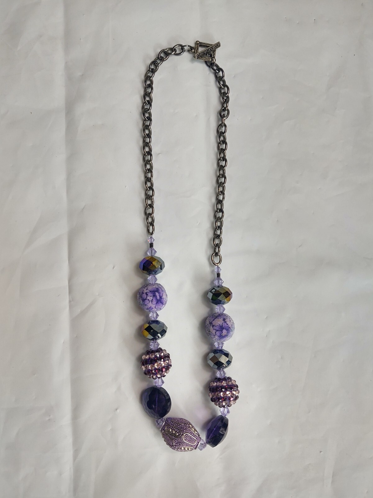 Vintage Beaded Necklace Silver Tone Purple Beads Crystals Toggle Closure Jewelry