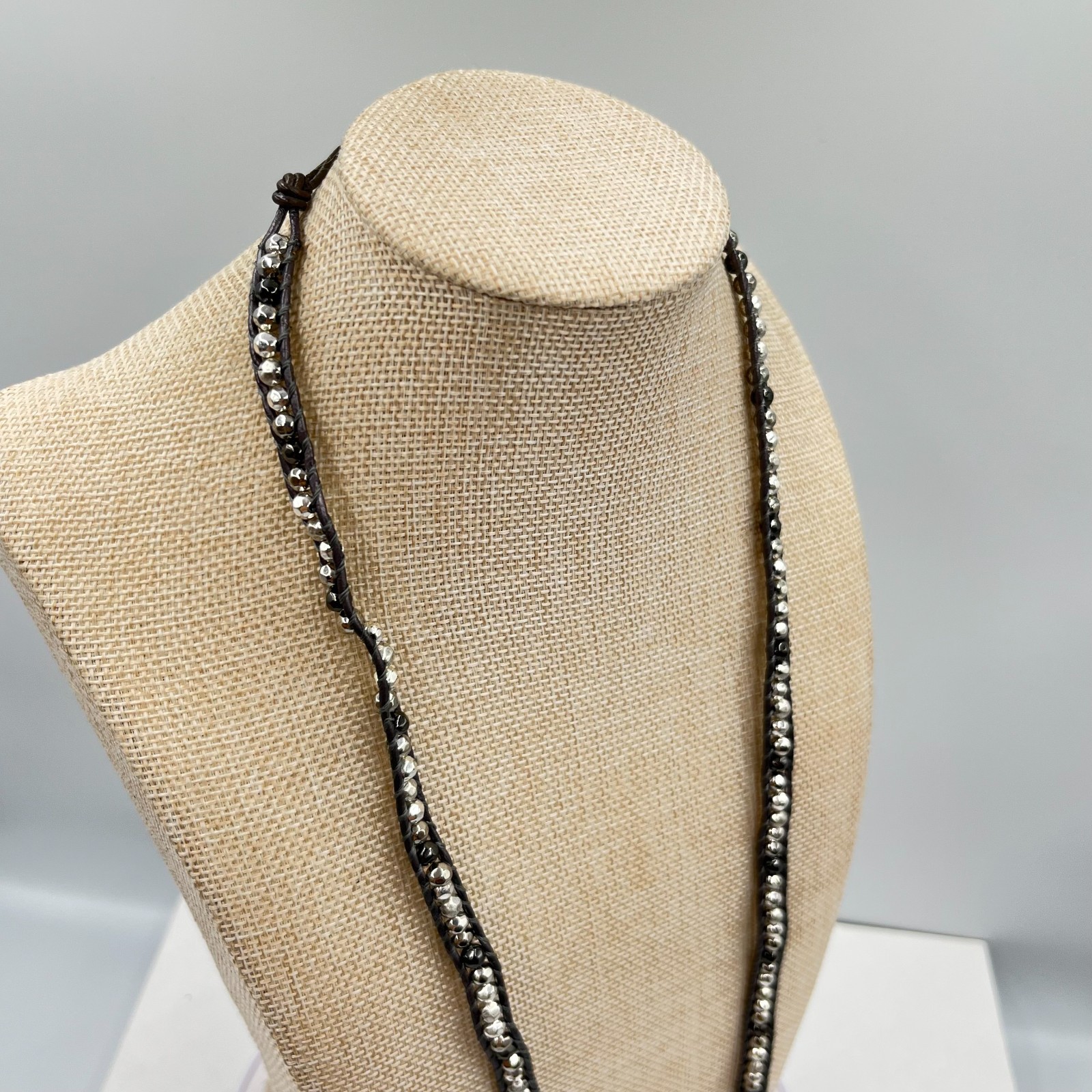 Vintage Boho Silver Mixed Bead Brown Leather Wrap Necklace Bracelet Adjustable