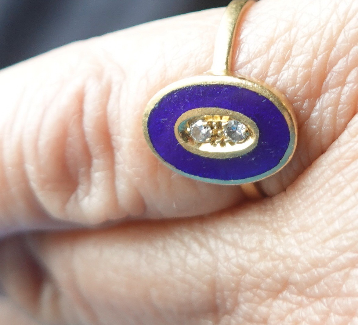 Vintage Italian 14k gold, blue enamel, diamond, ring
