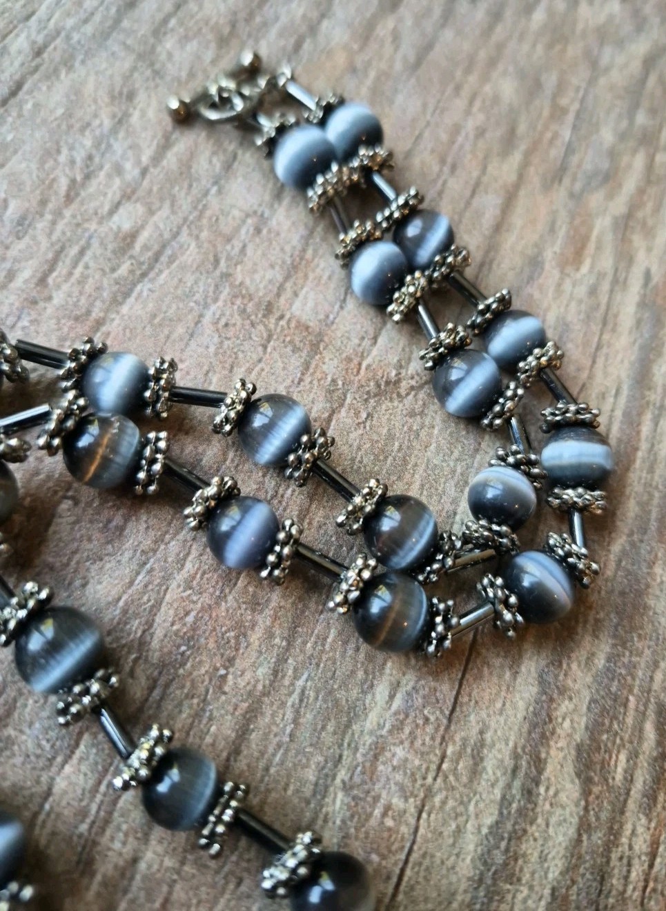 Vintage Glass Bead Necklace w/ Intricately Detailed Spacers, Toggle Closure