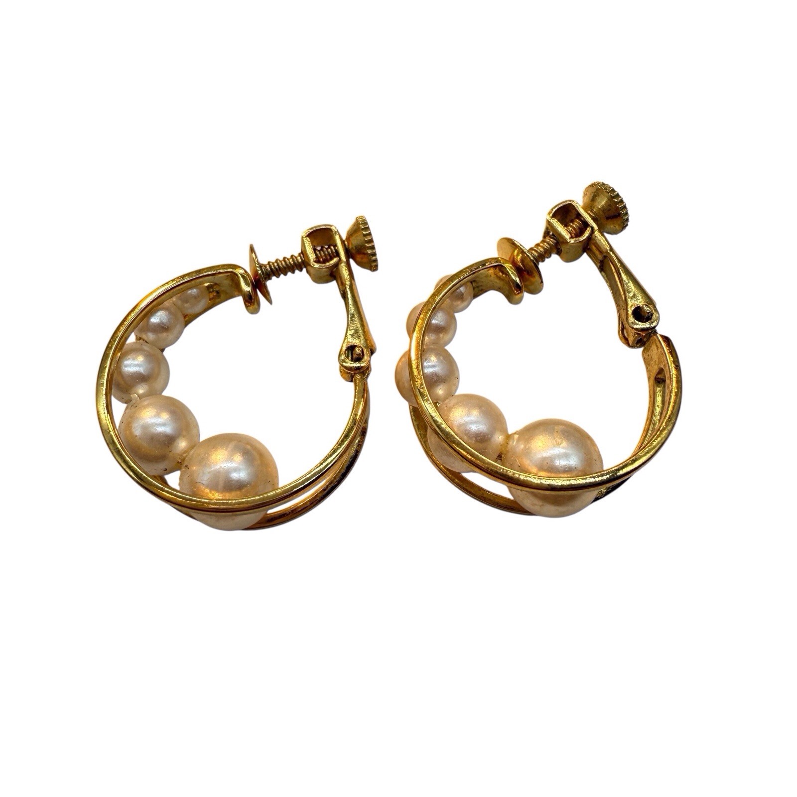 Napier Earrings Faux Cage Hoop Gold Plated Adjustable Clip-on 3/4” White BOHO B5