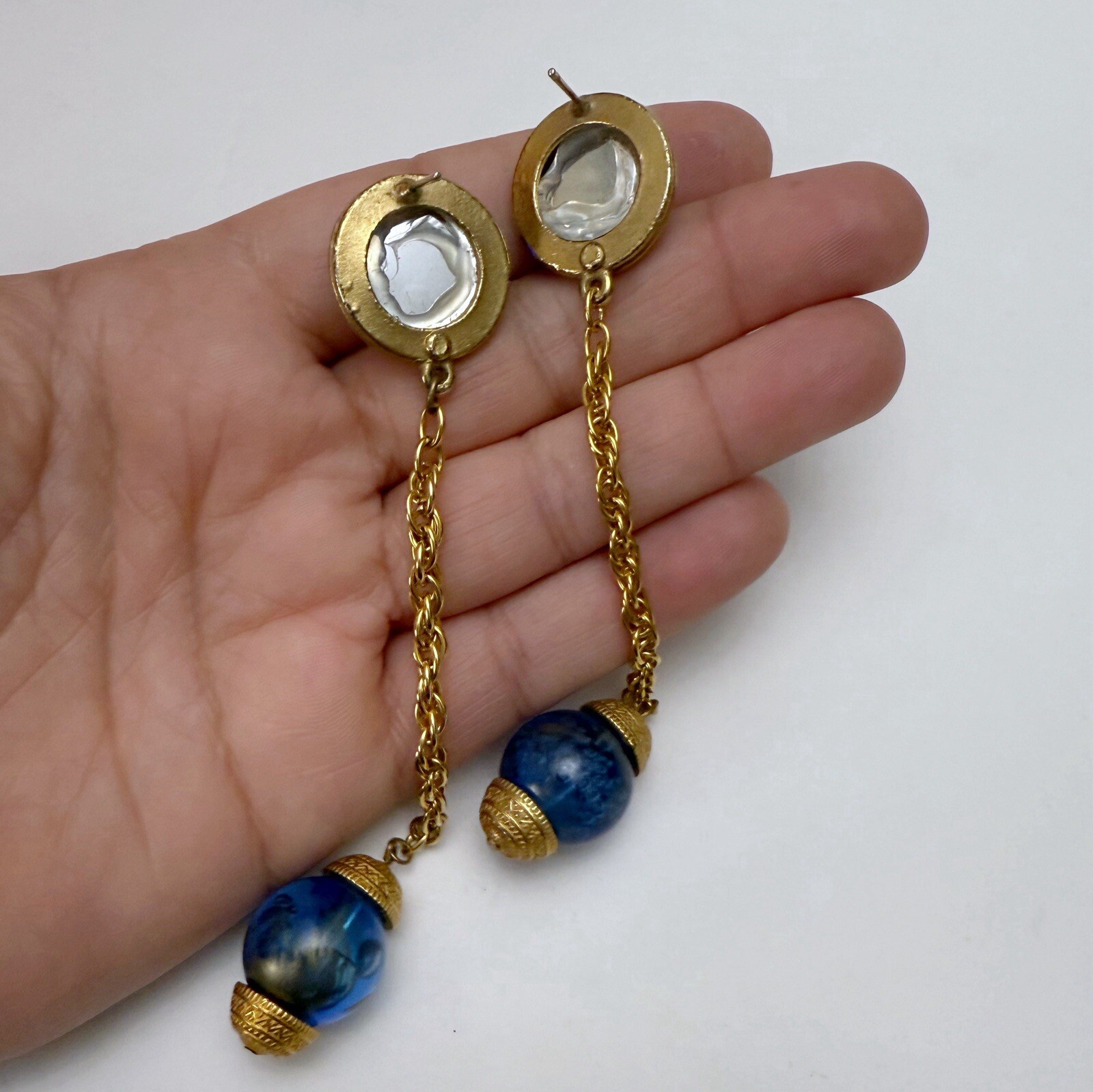 Vintage Blue Lucite Cabochon Bead Long Chain Dangle Linear Goldtone Earrings