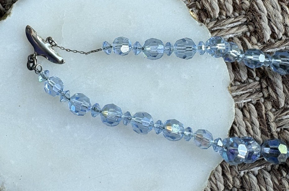 Vintage Czech beaded 14” necklace Graduated Lt blue faceted glass crystal beads