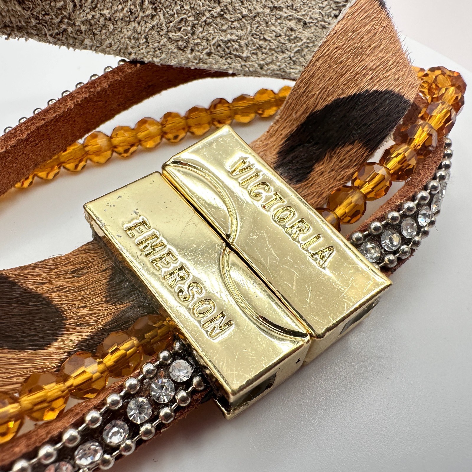 Victoria Emerson Gold Tone Multi Strand Wrap Bracelet Leopard Hair Calf Crystal