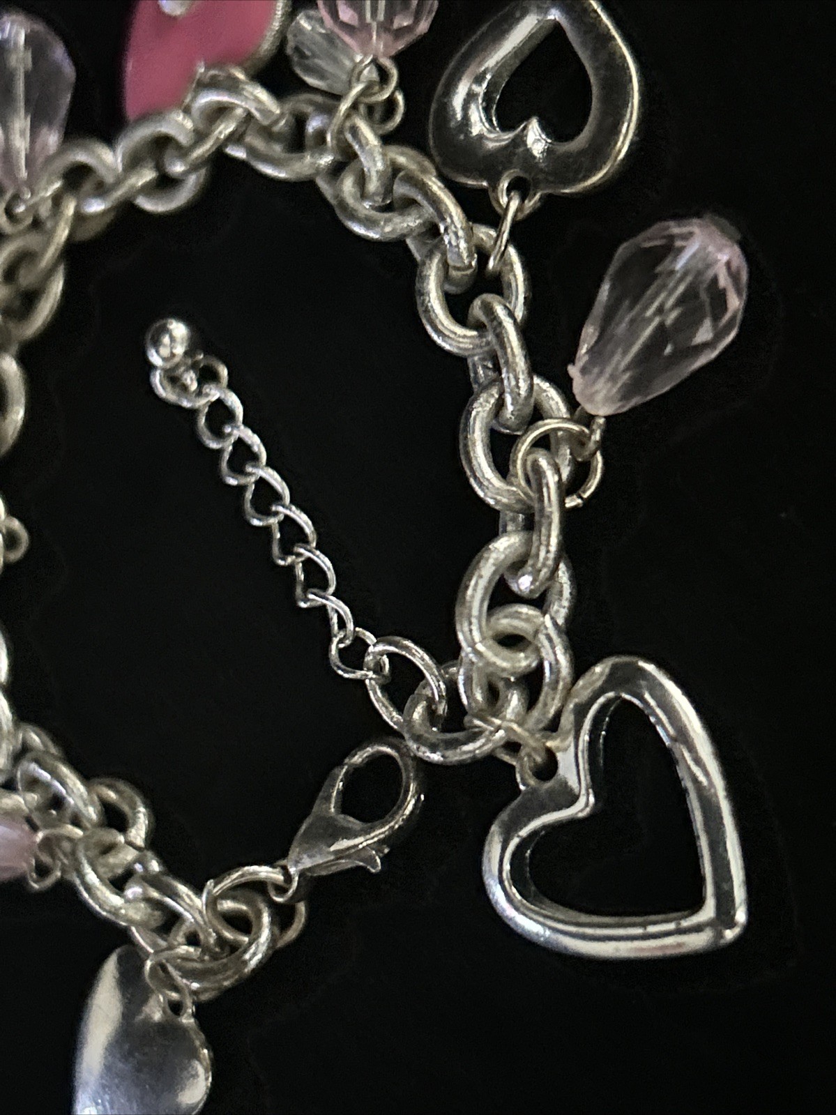 Vintage Silver Tone Heart Charm Bracelet Pink Rhinestone Dangle Lobster 8.5”Adj