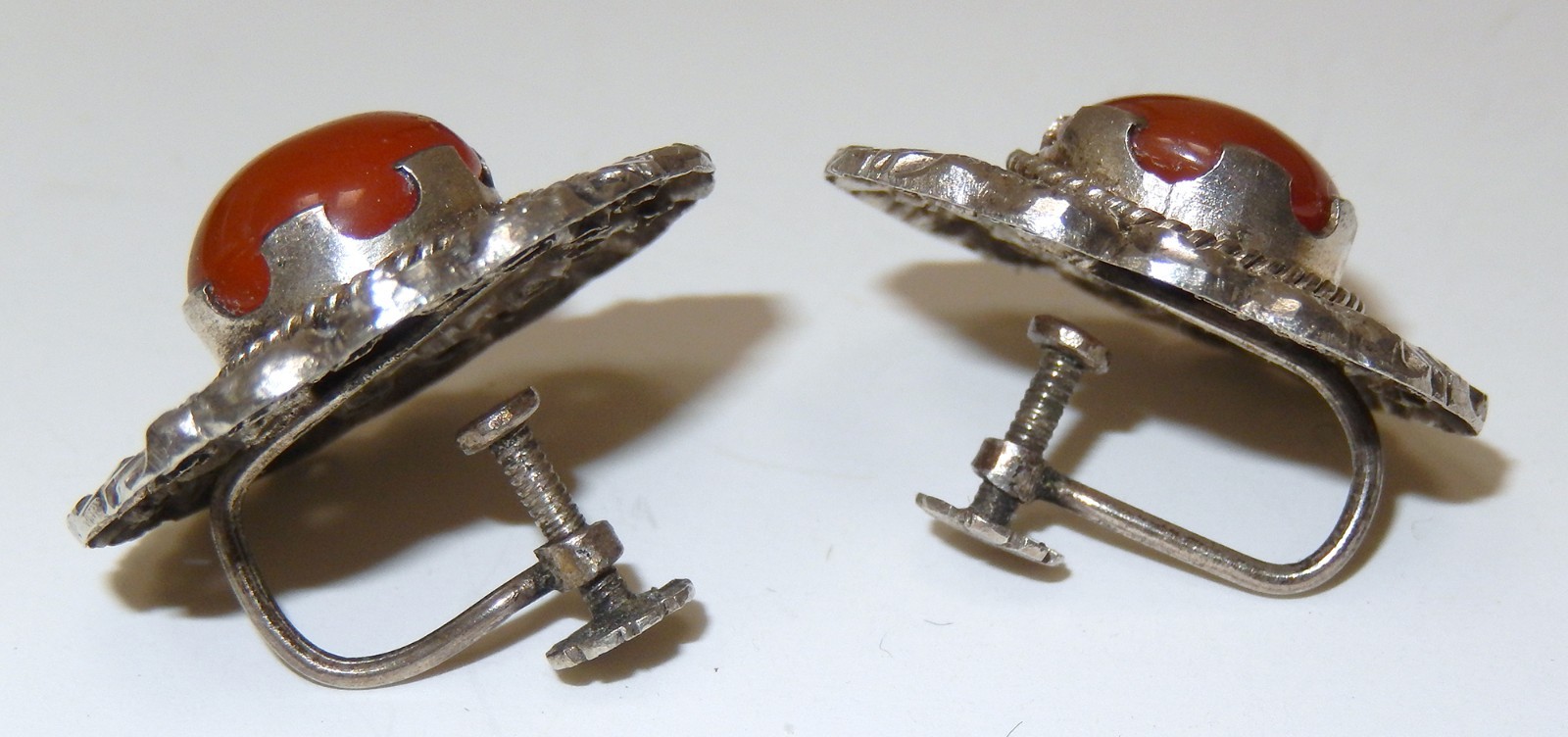 1940s Carnelian Silver Earrings Ornate Carved Hearts Flowers Screwback