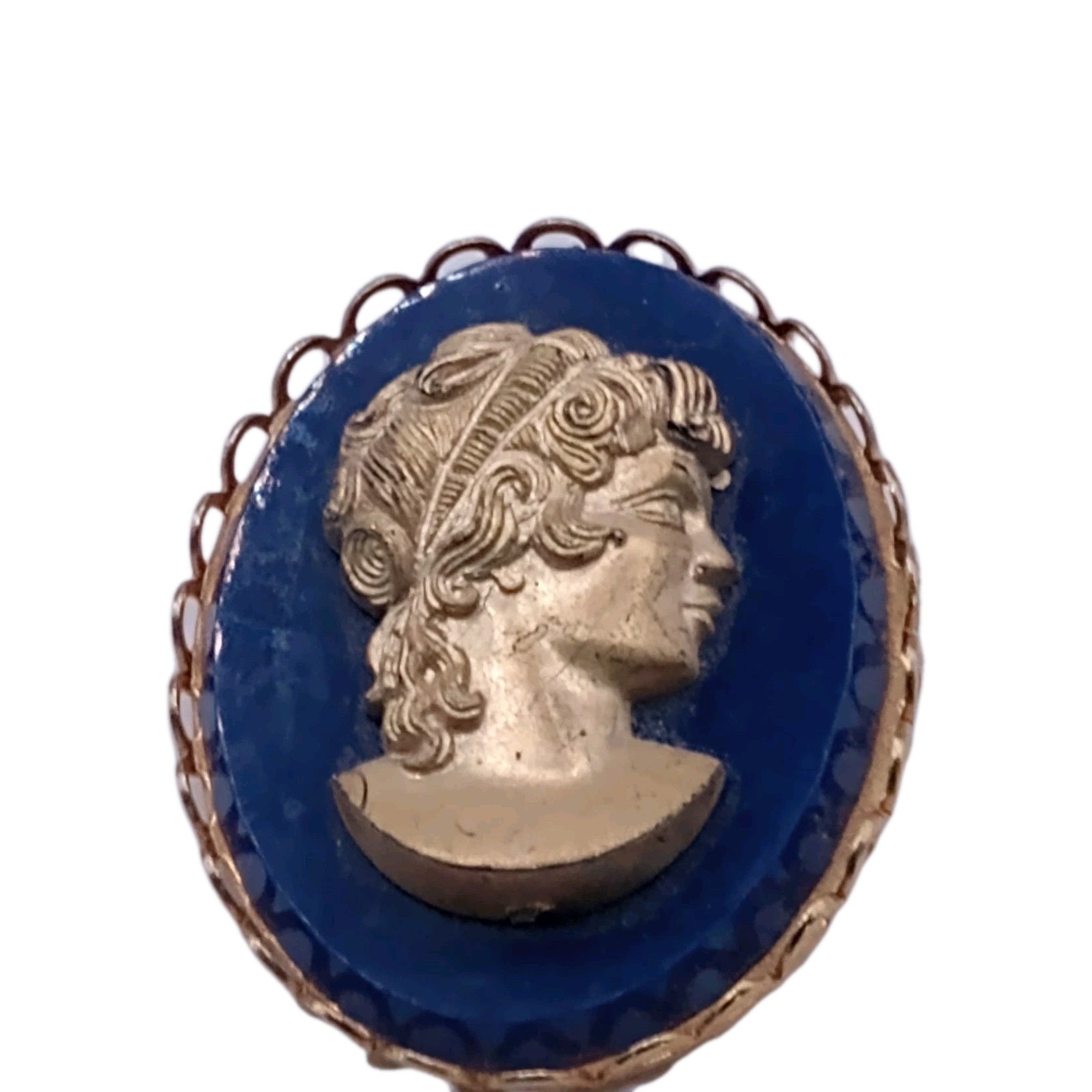 Vintage Blue Gold Cameo Brooch Greek roman goddess Female Profile Pin 1 3/4 in