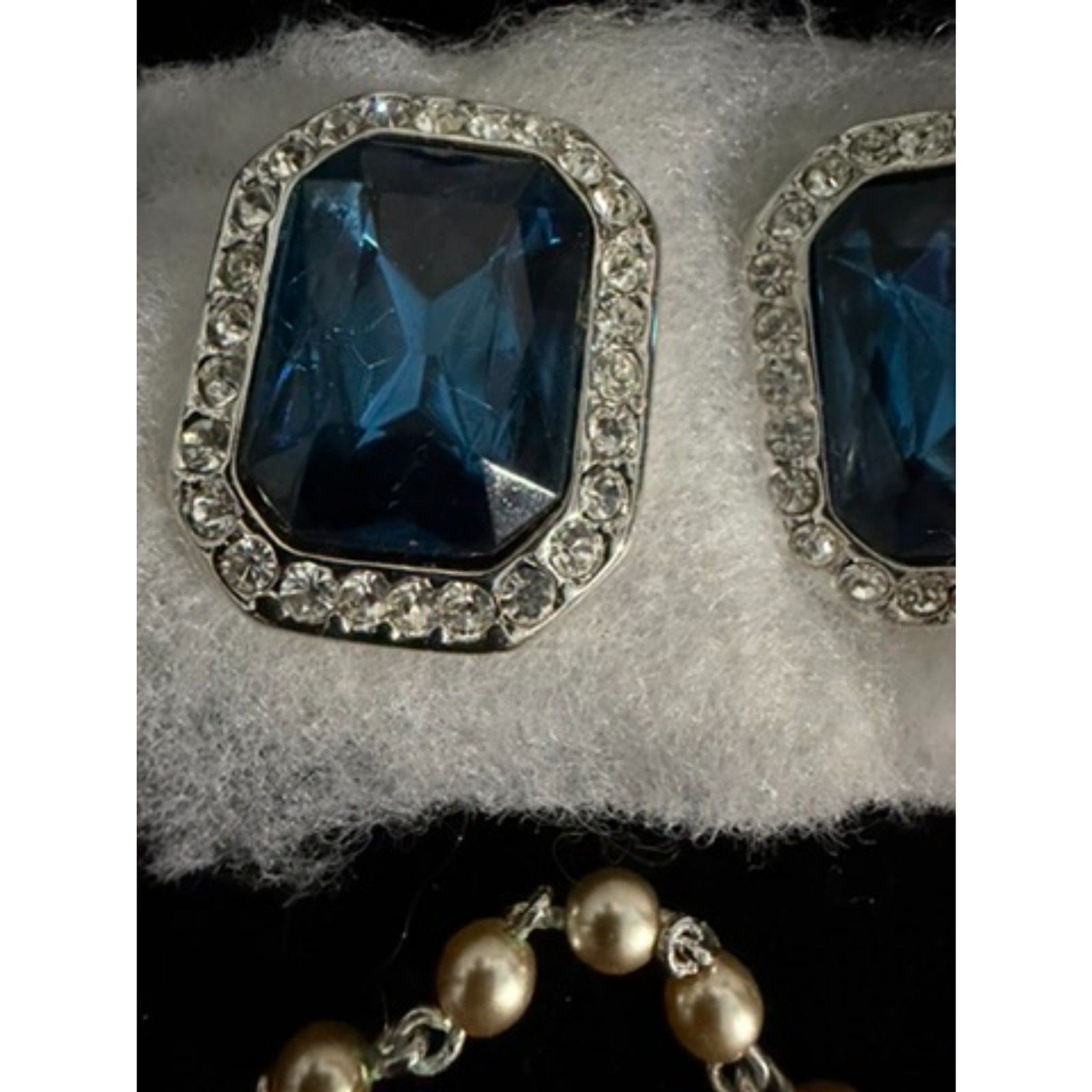 Kenneth Jay Lane Signed, 4 Strand Faux Pearl Choker with Central Sapphireed Ear