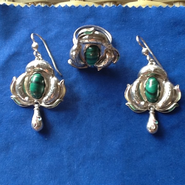 Ring & Earrings Vintage Sterling Silver Green Malachite and Enamel Jewelry Set