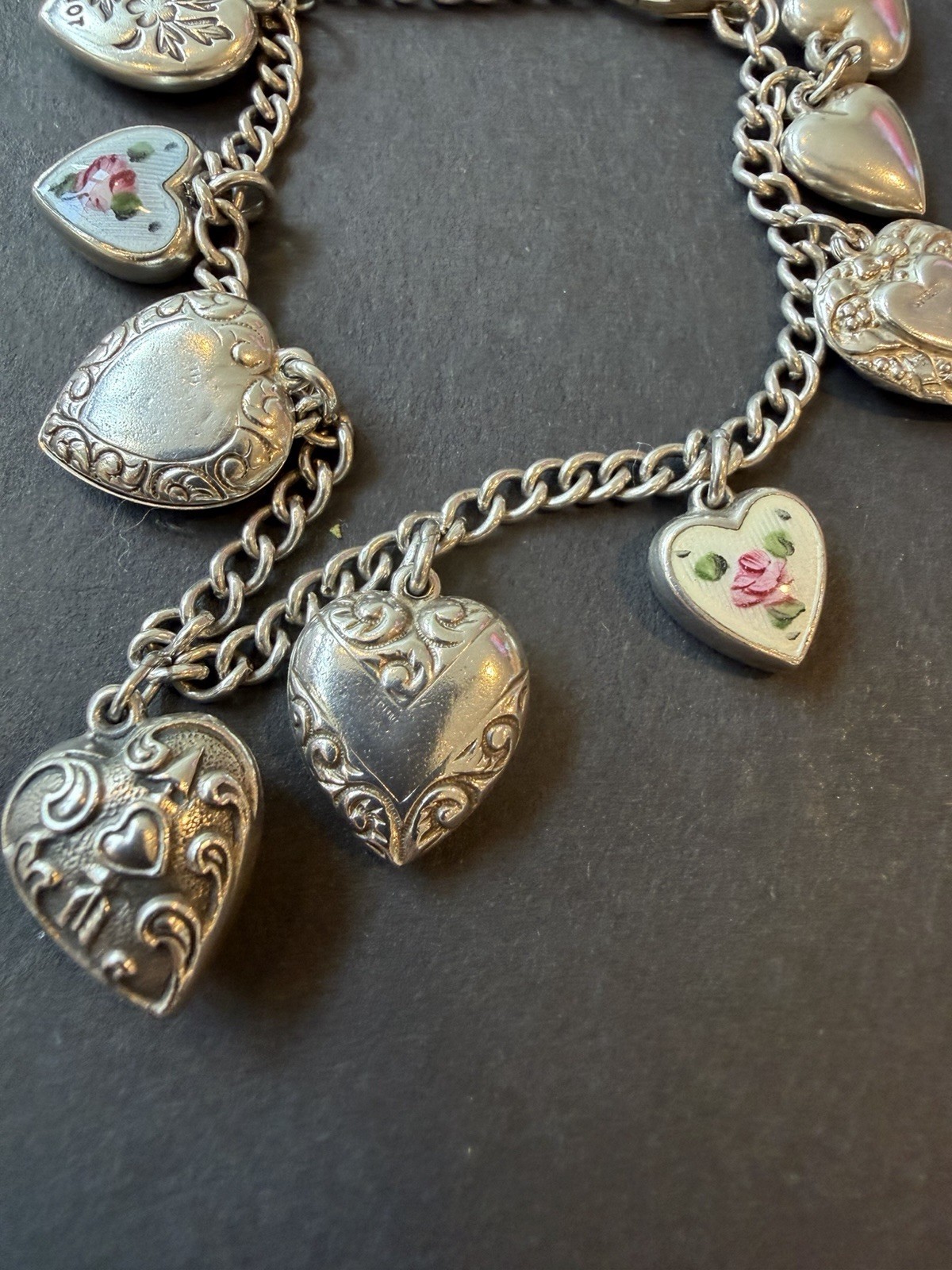 Antique Victorian Sterling Charm Bracelet W/ Puffy Hearts Cloisonné
