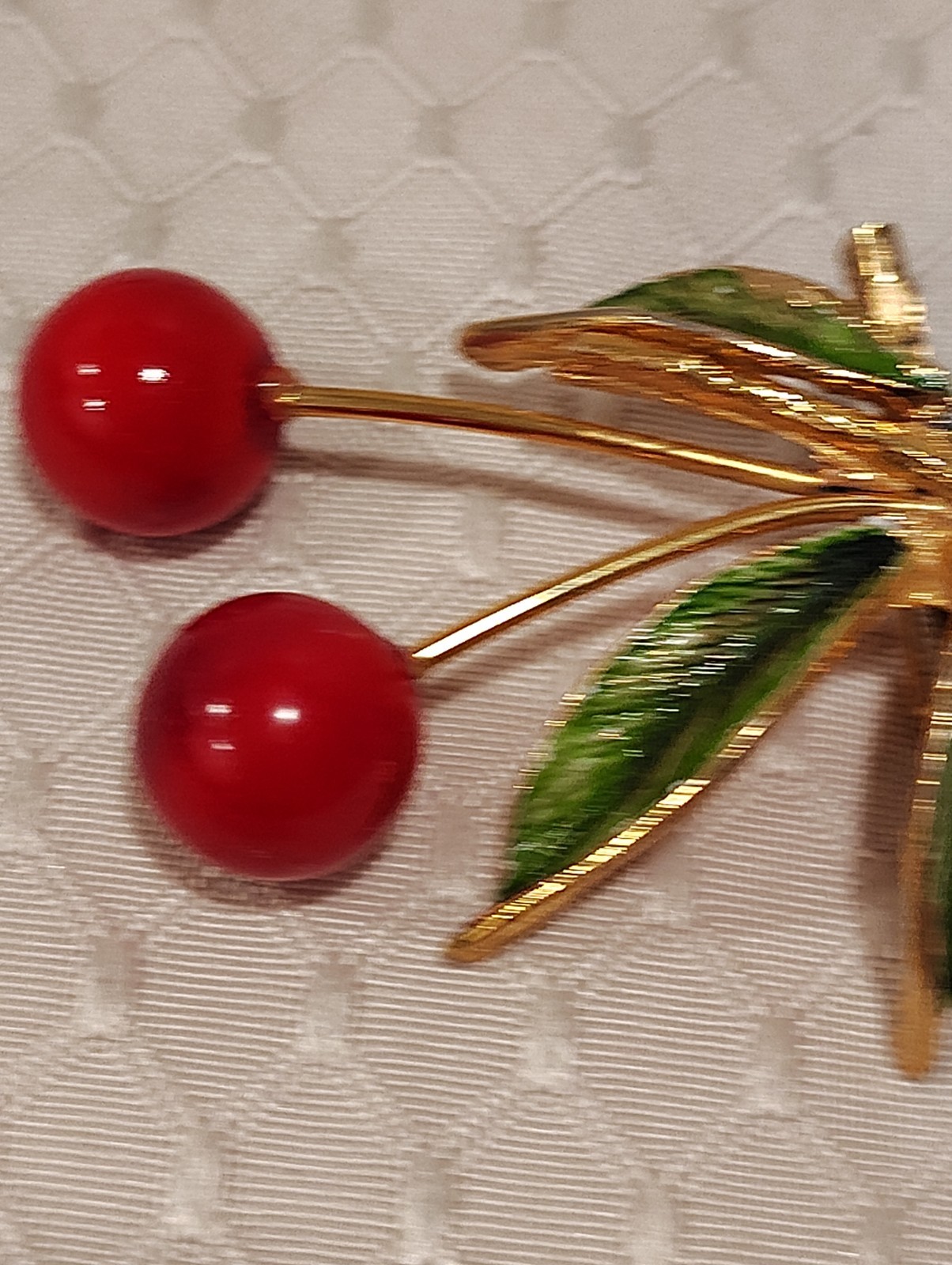 Vintage Enamel Cherry Berry Red Gold Green Leaves Branch Brooch Pin 2.5″ Long