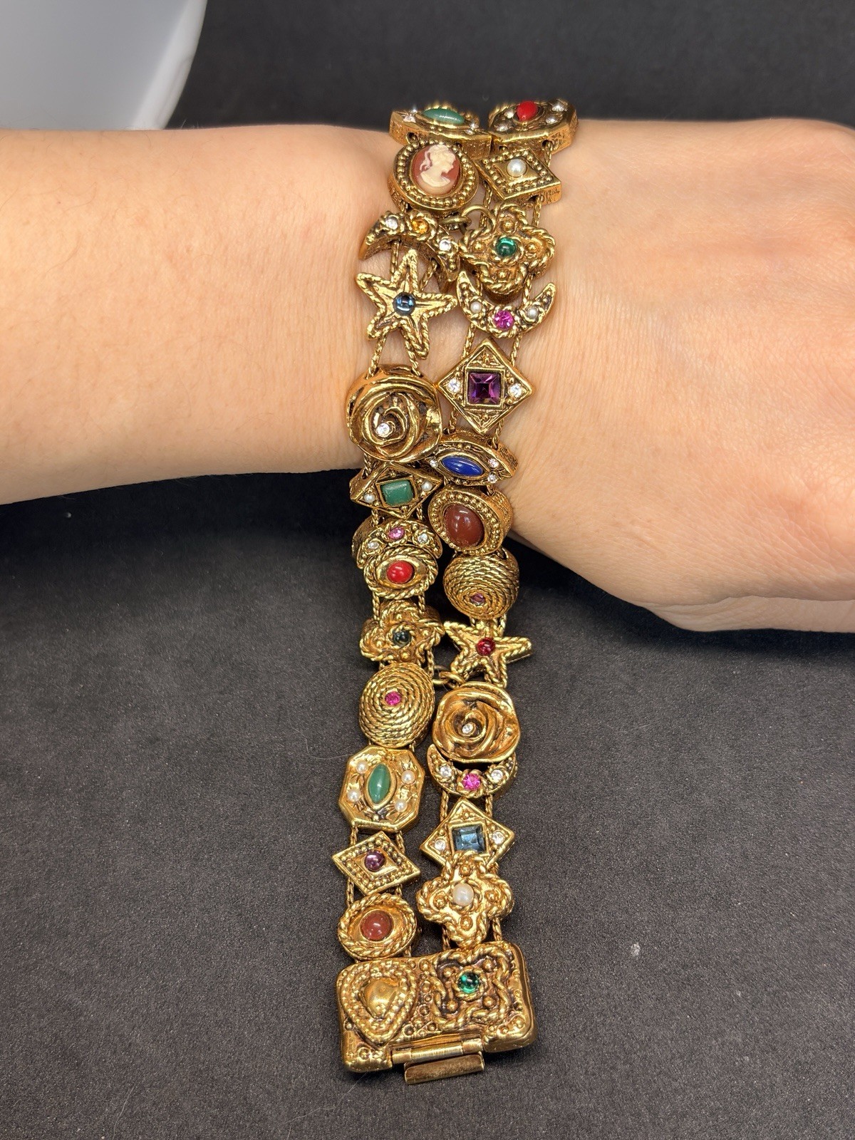 Vintage Carolee Gold Tone Victorian Revival Double Strand Slide Charm Bracelet